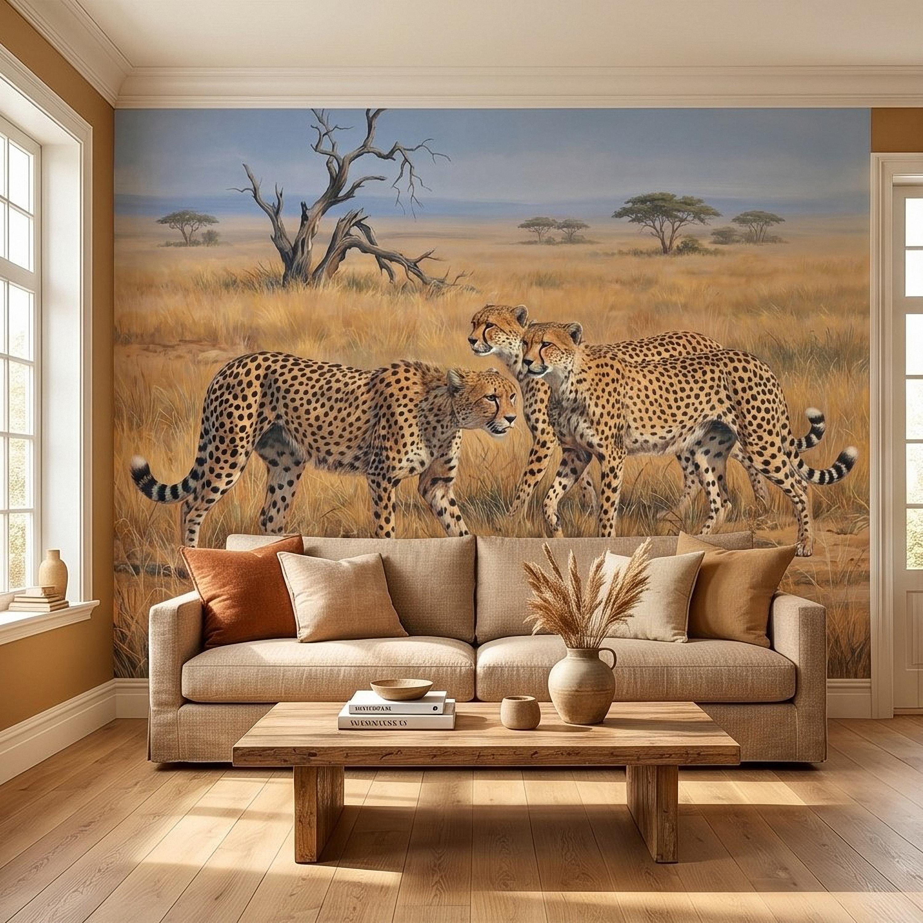Cheetah Safari Peel and Stick Wall Mural, African Savanna Wildlife, Golden Grassland Cheetahs Wallpaper