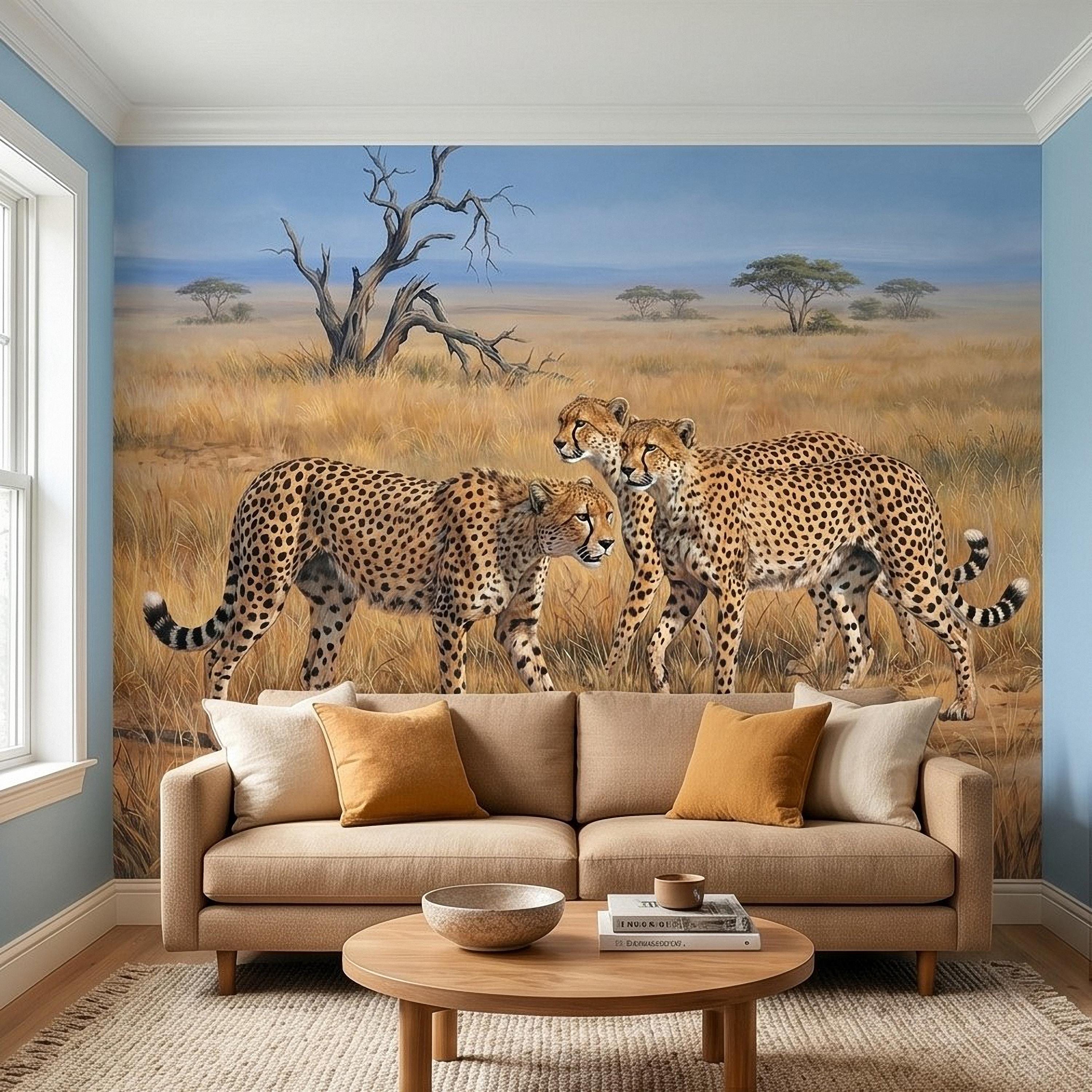 Cheetah Safari Peel and Stick Wall Mural, African Savanna Wildlife, Golden Grassland Cheetahs Wallpaper