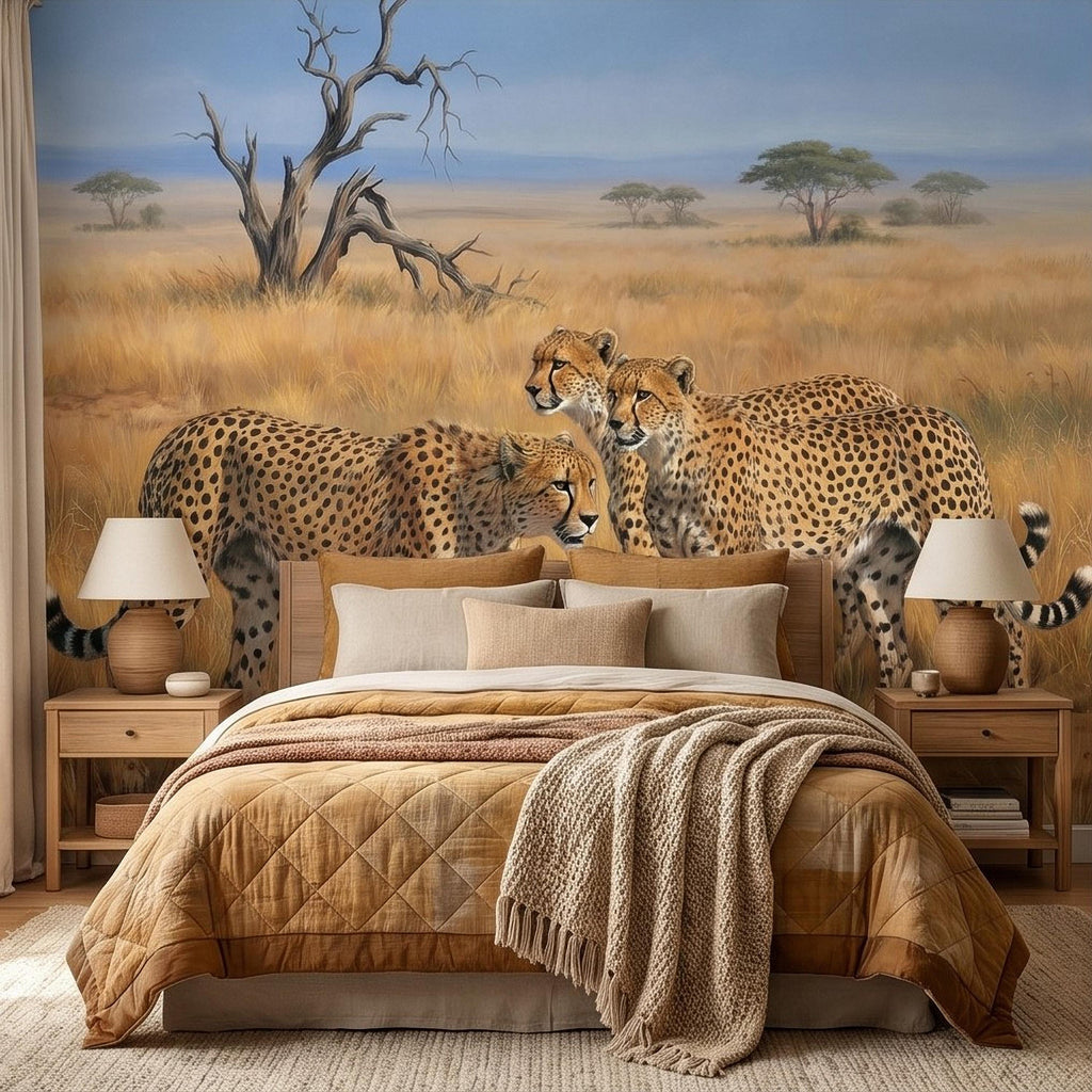 Cheetah Safari Peel and Stick Wall Mural, African Savanna Wildlife, Golden Grassland Cheetahs Wallpaper