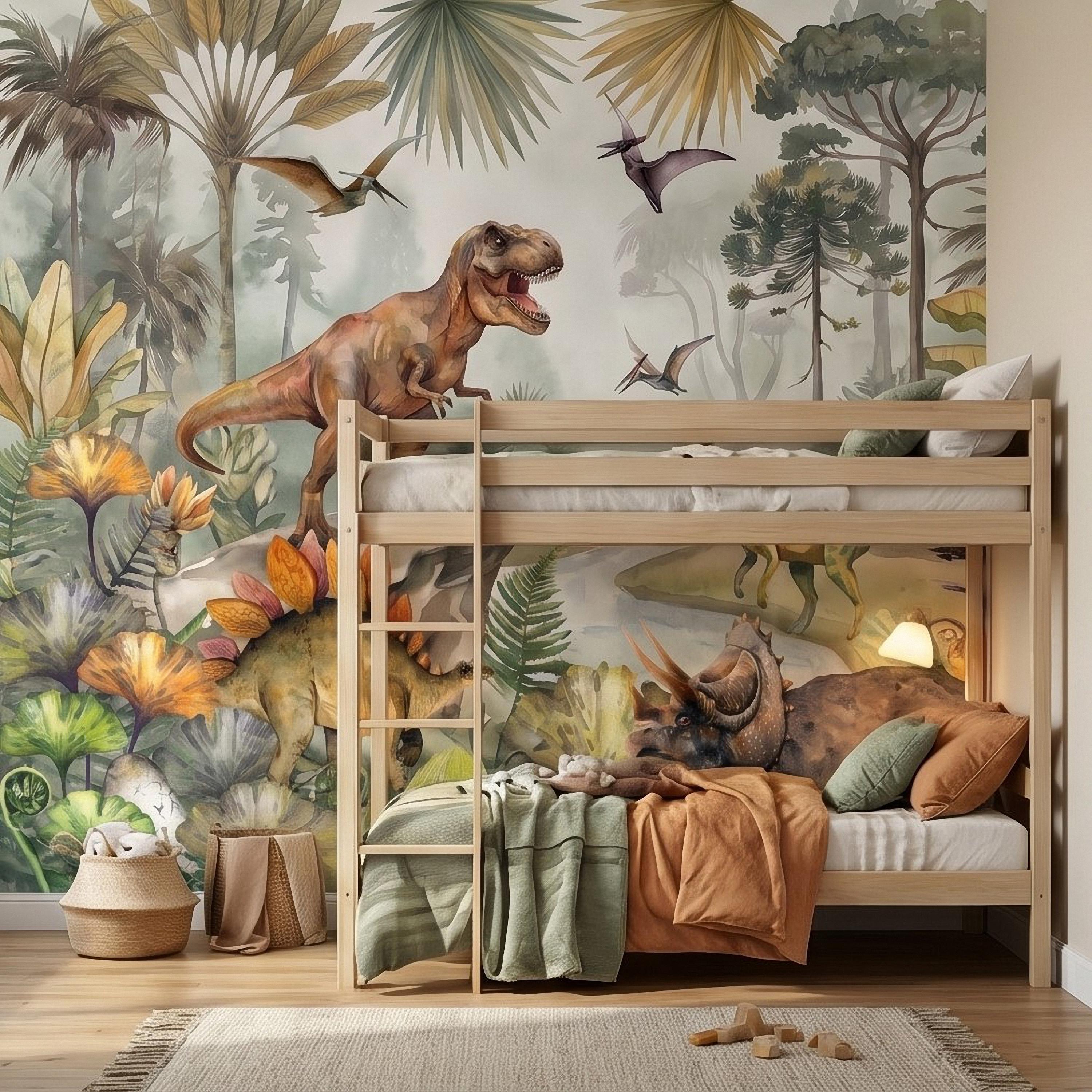 Dinosaur Peel and Stick Wall Mural, Watercolor Jurassic Jungle with T Rex and Triceratops, Kids Room Nursery Wallpaper