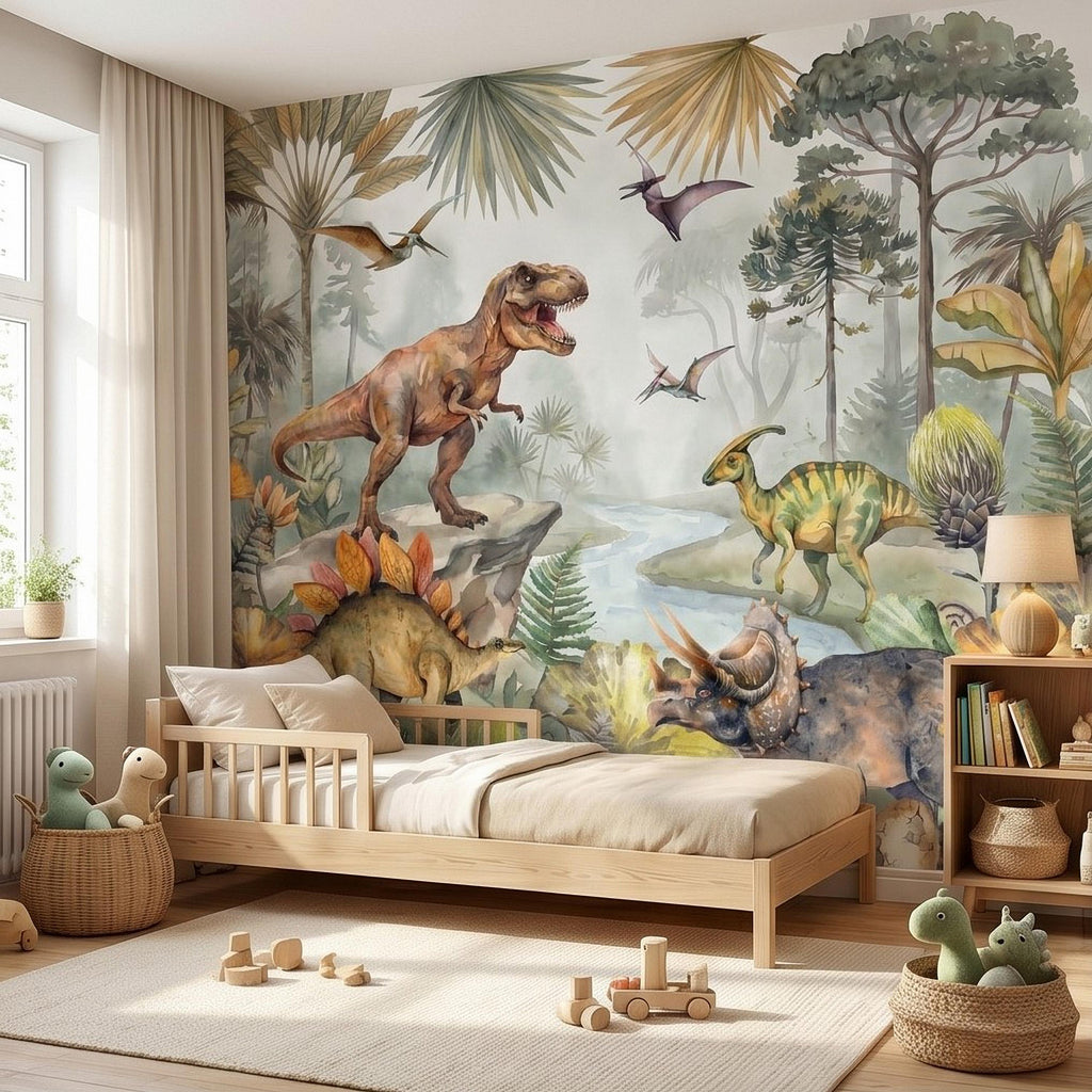 Dinosaur Peel and Stick Wall Mural, Watercolor Jurassic Jungle with T Rex and Triceratops, Kids Room Nursery Wallpaper