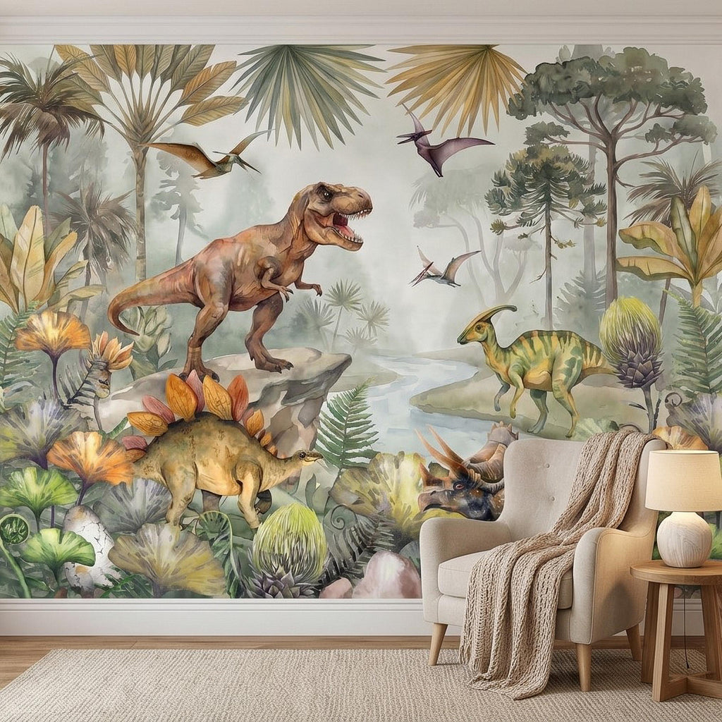 Dinosaur Peel and Stick Wall Mural, Watercolor Jurassic Jungle with T Rex and Triceratops, Kids Room Nursery Wallpaper