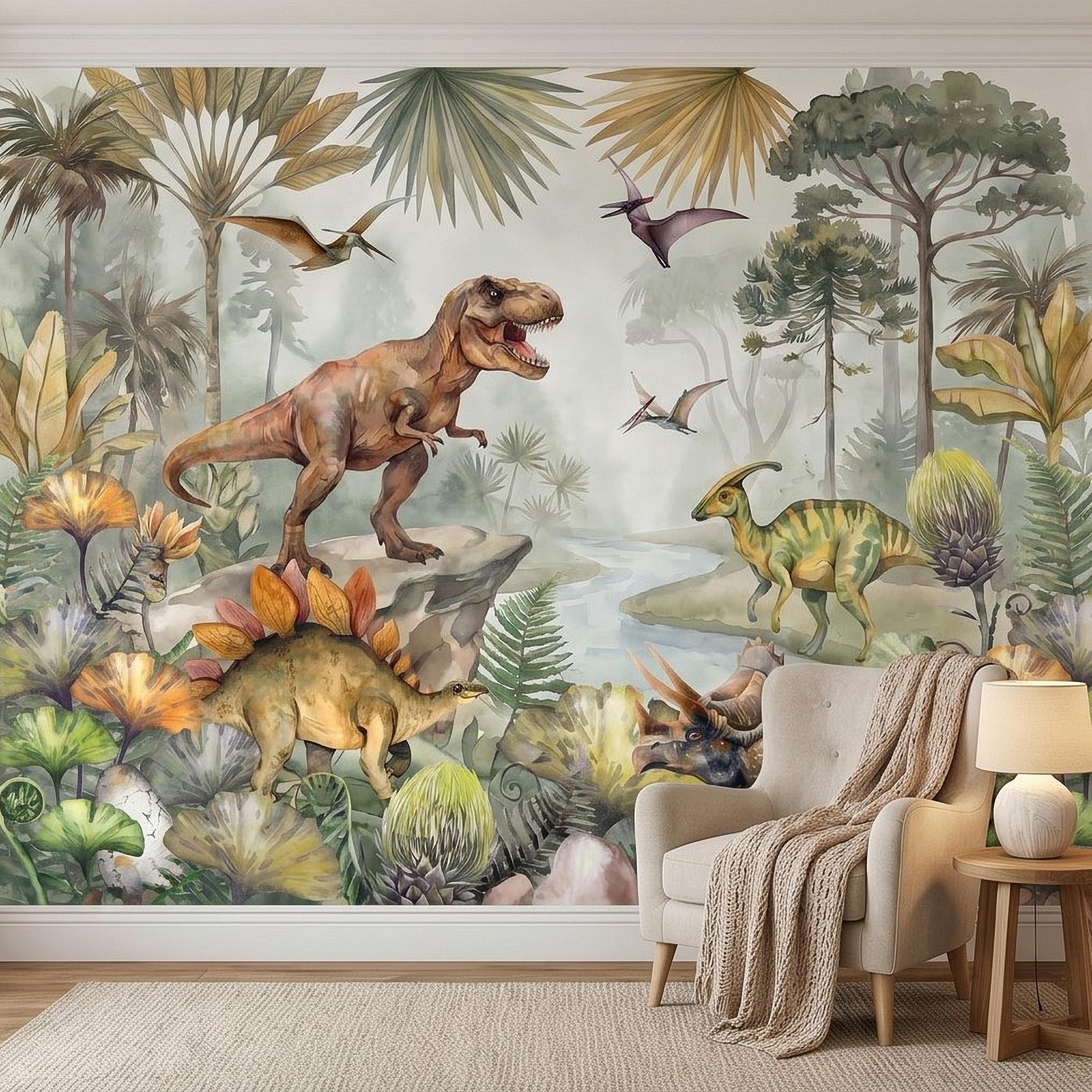 Dinosaur Peel and Stick Wall Mural, Watercolor Jurassic Jungle with T Rex and Triceratops, Kids Room Nursery Wallpaper