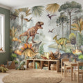 Dinosaur Peel and Stick Wall Mural, Watercolor Jurassic Jungle with T Rex and Triceratops, Kids Room Nursery Wallpaper
