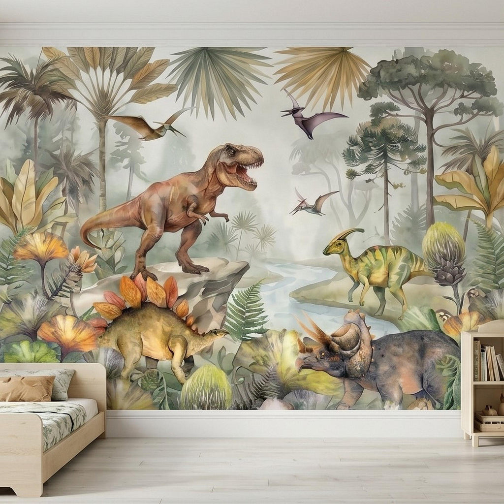 Dinosaur Peel and Stick Wall Mural, Watercolor Jurassic Jungle with T Rex and Triceratops, Kids Room Nursery Wallpaper