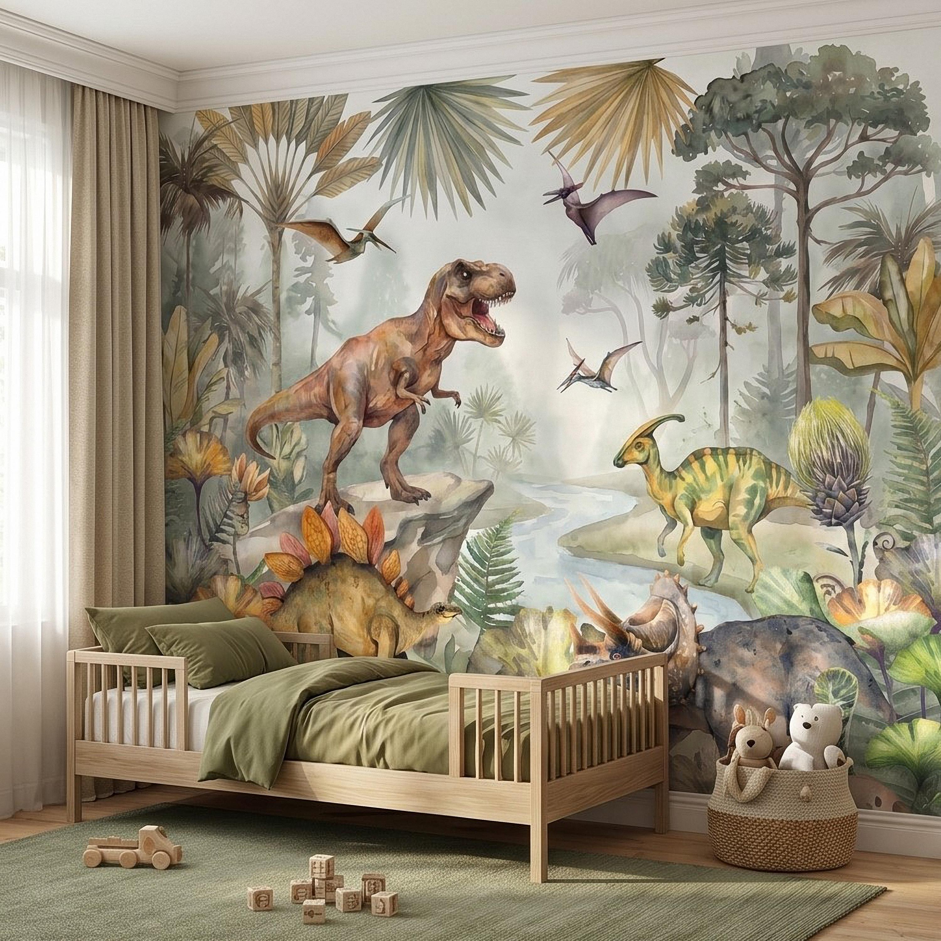 Dinosaur Peel and Stick Wall Mural, Watercolor Jurassic Jungle with T Rex and Triceratops, Kids Room Nursery Wallpaper
