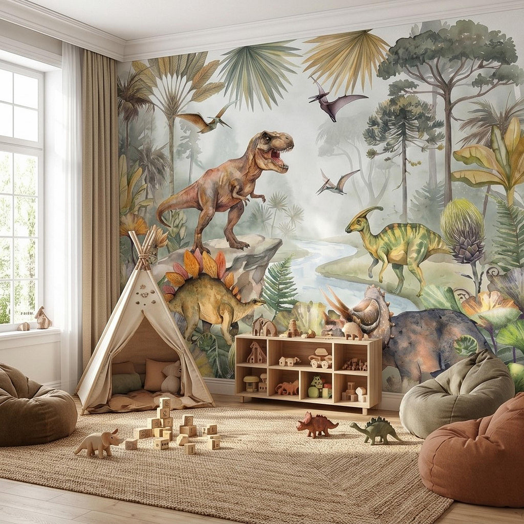 Dinosaur Peel and Stick Wall Mural, Watercolor Jurassic Jungle with T Rex and Triceratops, Kids Room Nursery Wallpaper