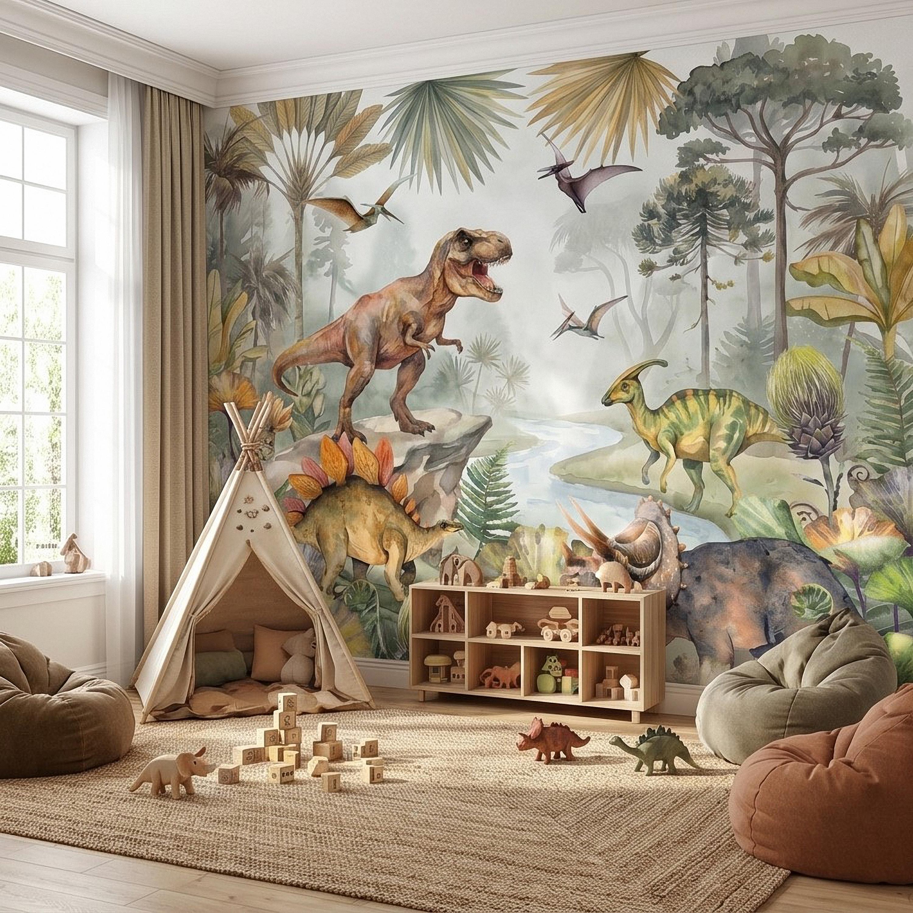 Dinosaur Peel and Stick Wall Mural, Watercolor Jurassic Jungle with T Rex and Triceratops, Kids Room Nursery Wallpaper