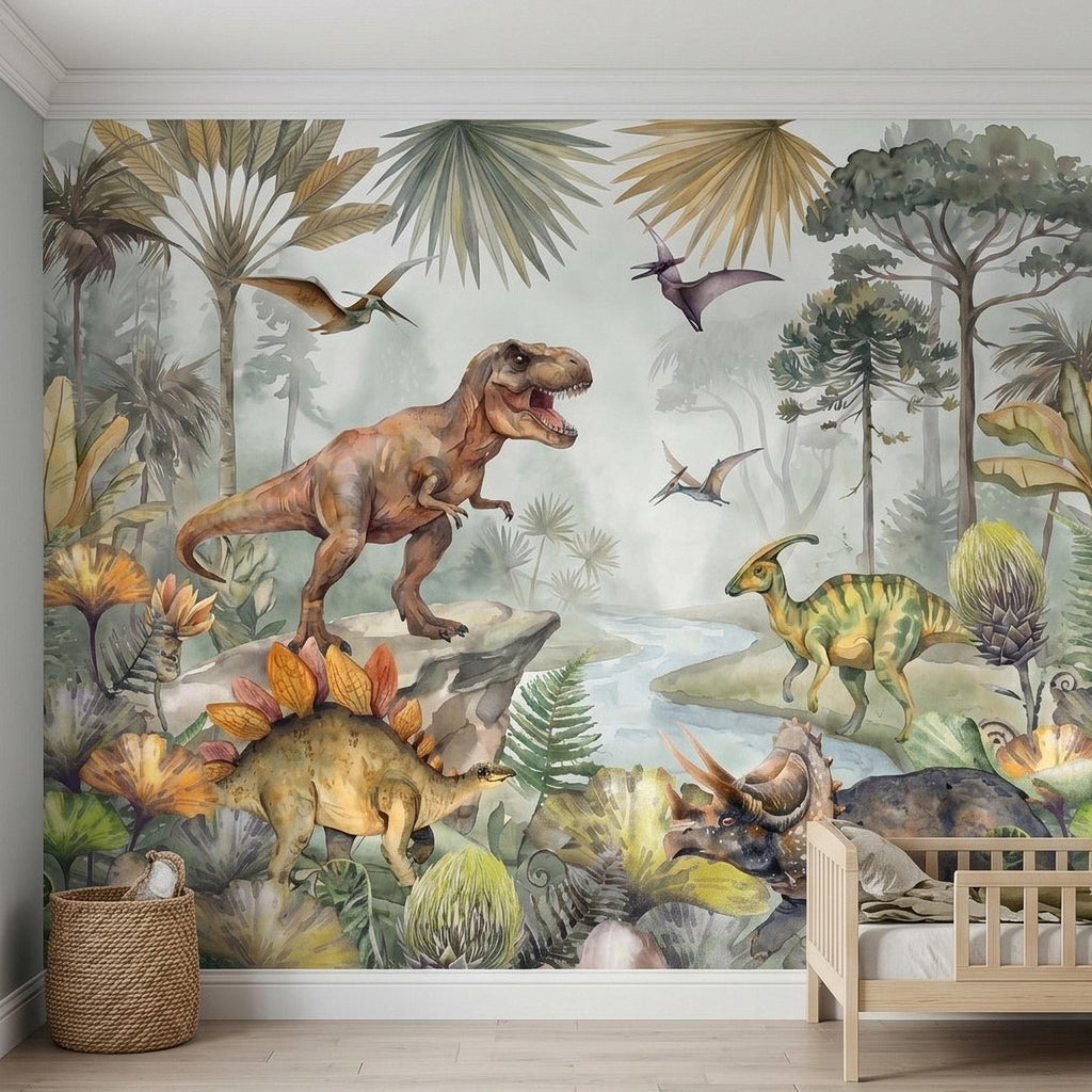 Dinosaur Peel and Stick Wall Mural, Watercolor Jurassic Jungle with T Rex and Triceratops, Kids Room Nursery Wallpaper
