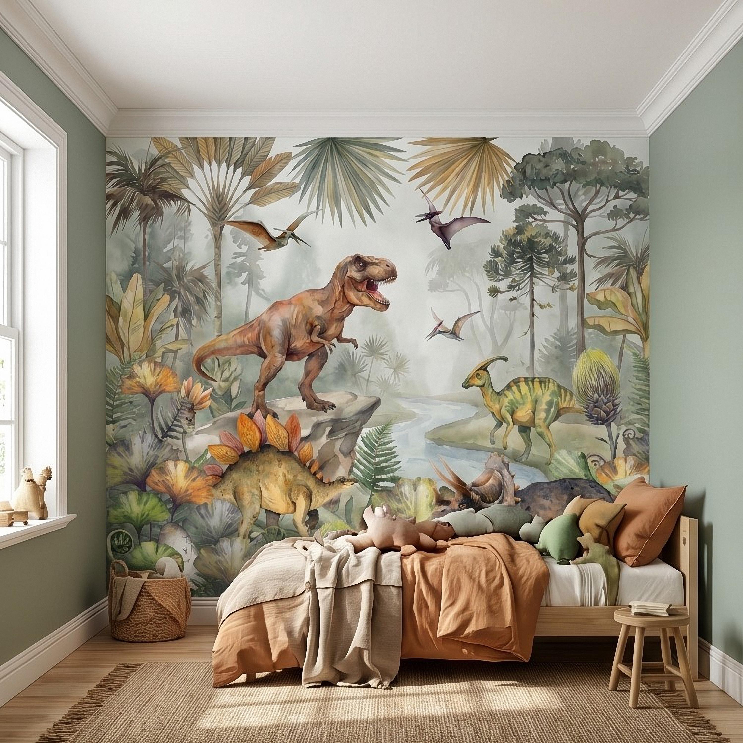 Dinosaur Peel and Stick Wall Mural, Watercolor Jurassic Jungle with T Rex and Triceratops, Kids Room Nursery Wallpaper