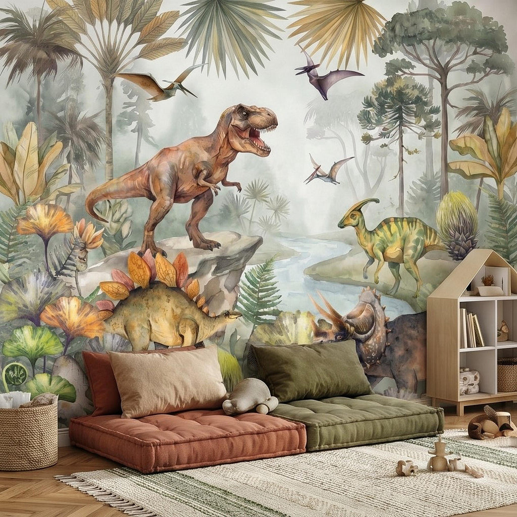 Dinosaur Peel and Stick Wall Mural, Watercolor Jurassic Jungle with T Rex and Triceratops, Kids Room Nursery Wallpaper