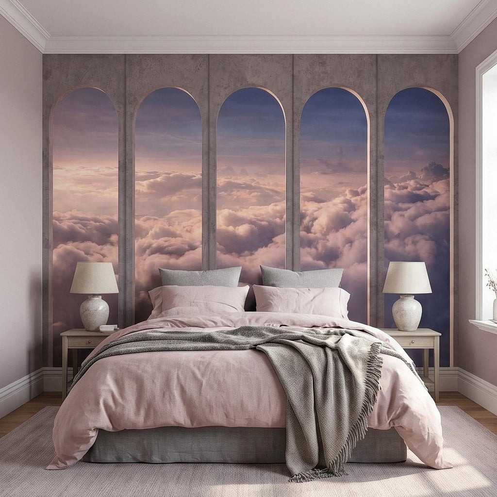 Arched Window Clouds Peel and Stick Wall Mural, Dreamy Sky View Through Stone Arch Modern Luxury Wallpaper