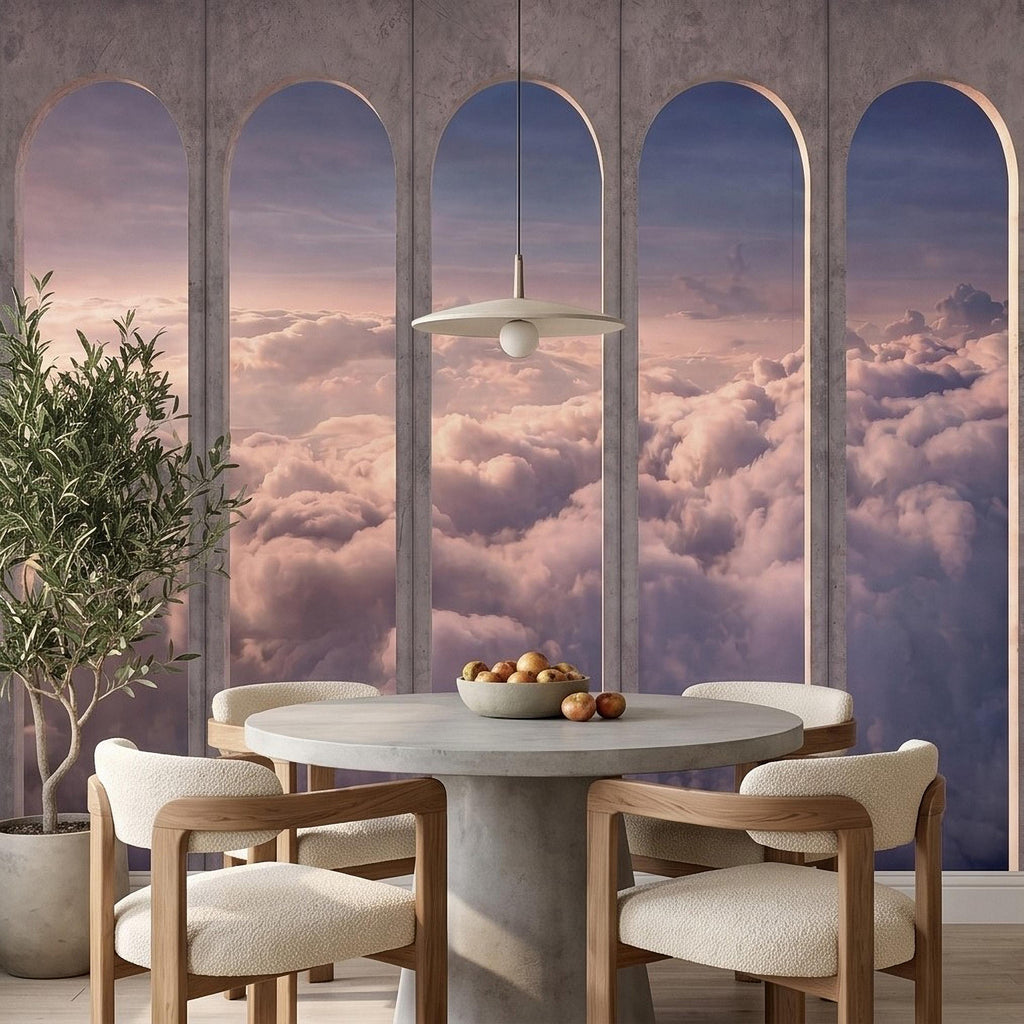 Arched Window Clouds Peel and Stick Wall Mural, Dreamy Sky View Through Stone Arch Modern Luxury Wallpaper