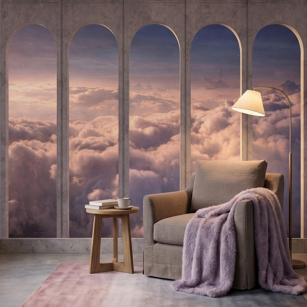 Arched Window Clouds Peel and Stick Wall Mural, Dreamy Sky View Through Stone Arch Modern Luxury Wallpaper