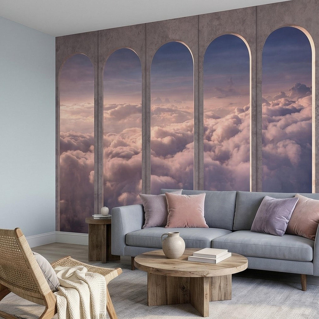 Arched Window Clouds Peel and Stick Wall Mural, Dreamy Sky View Through Stone Arch Modern Luxury Wallpaper