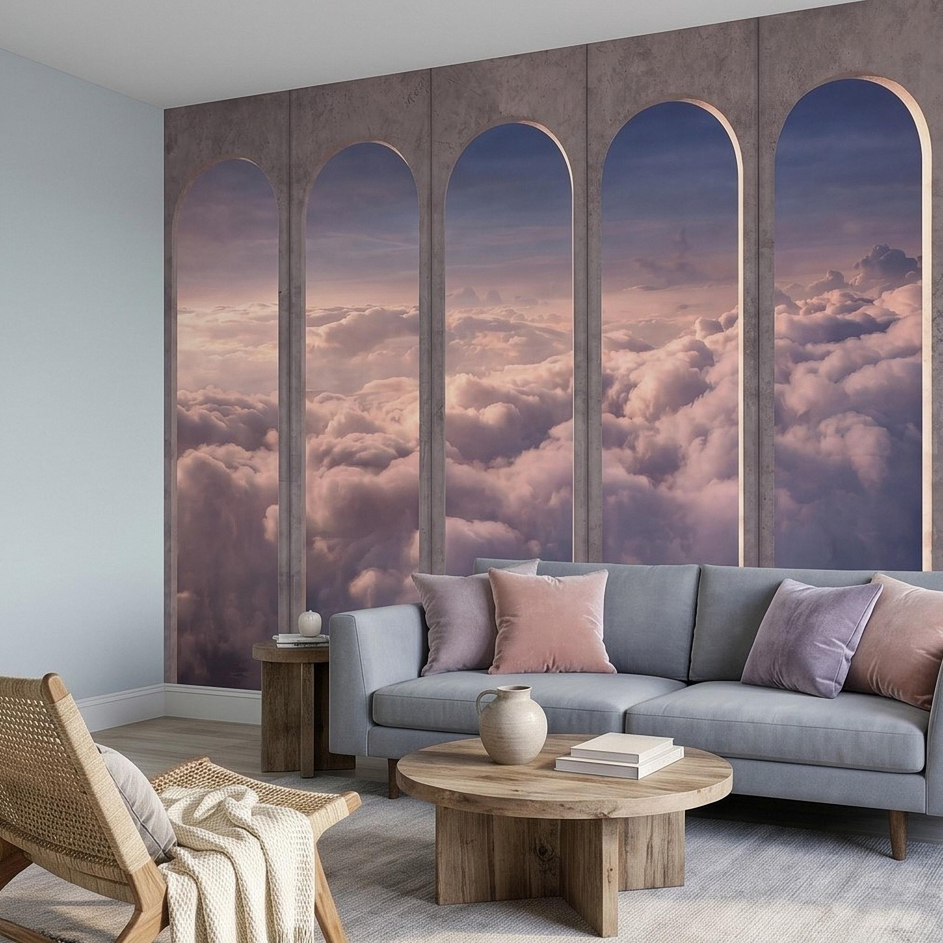Arched Window Clouds Peel and Stick Wall Mural, Dreamy Sky View Through Stone Arch Modern Luxury Wallpaper