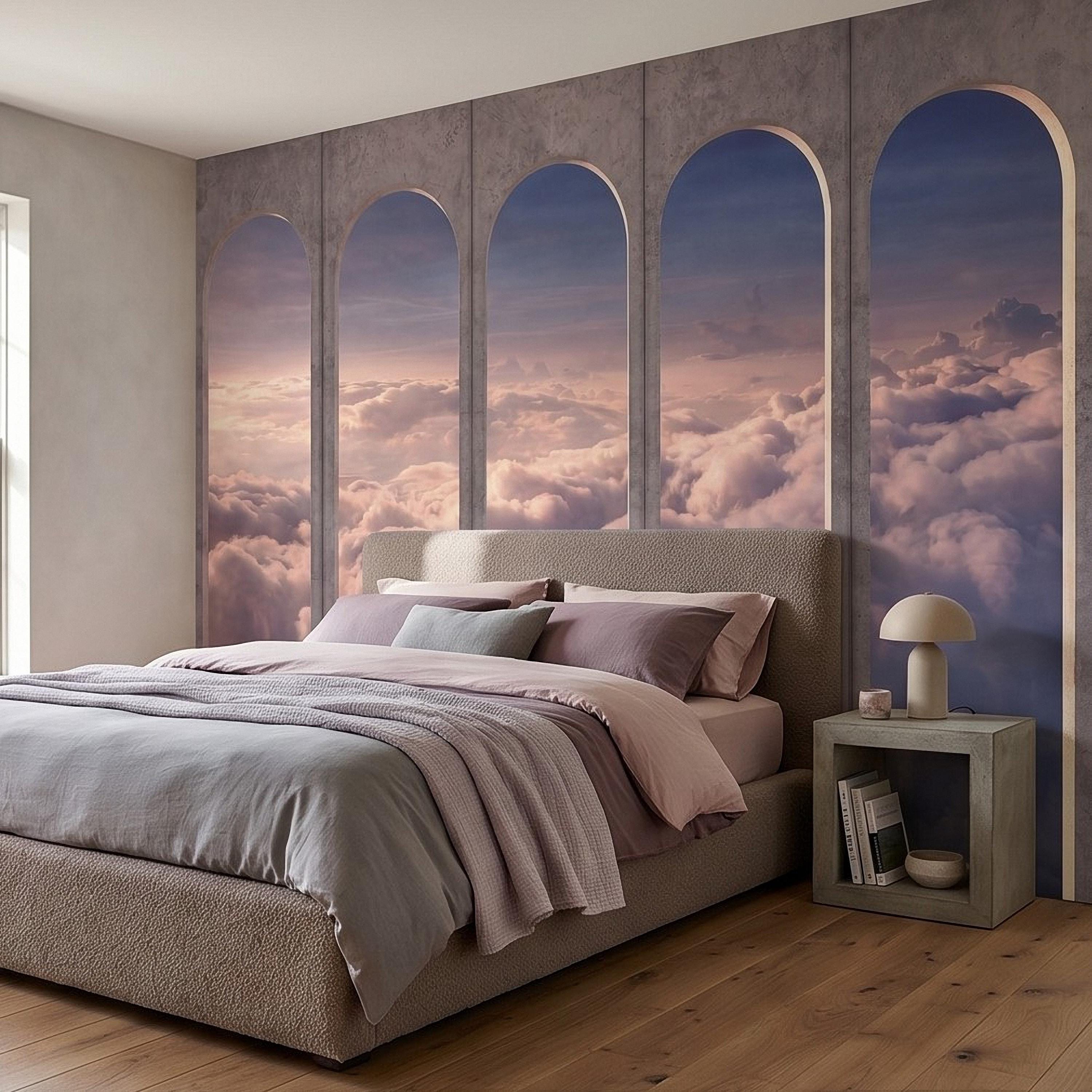 Arched Window Clouds Peel and Stick Wall Mural, Dreamy Sky View Through Stone Arch Modern Luxury Wallpaper