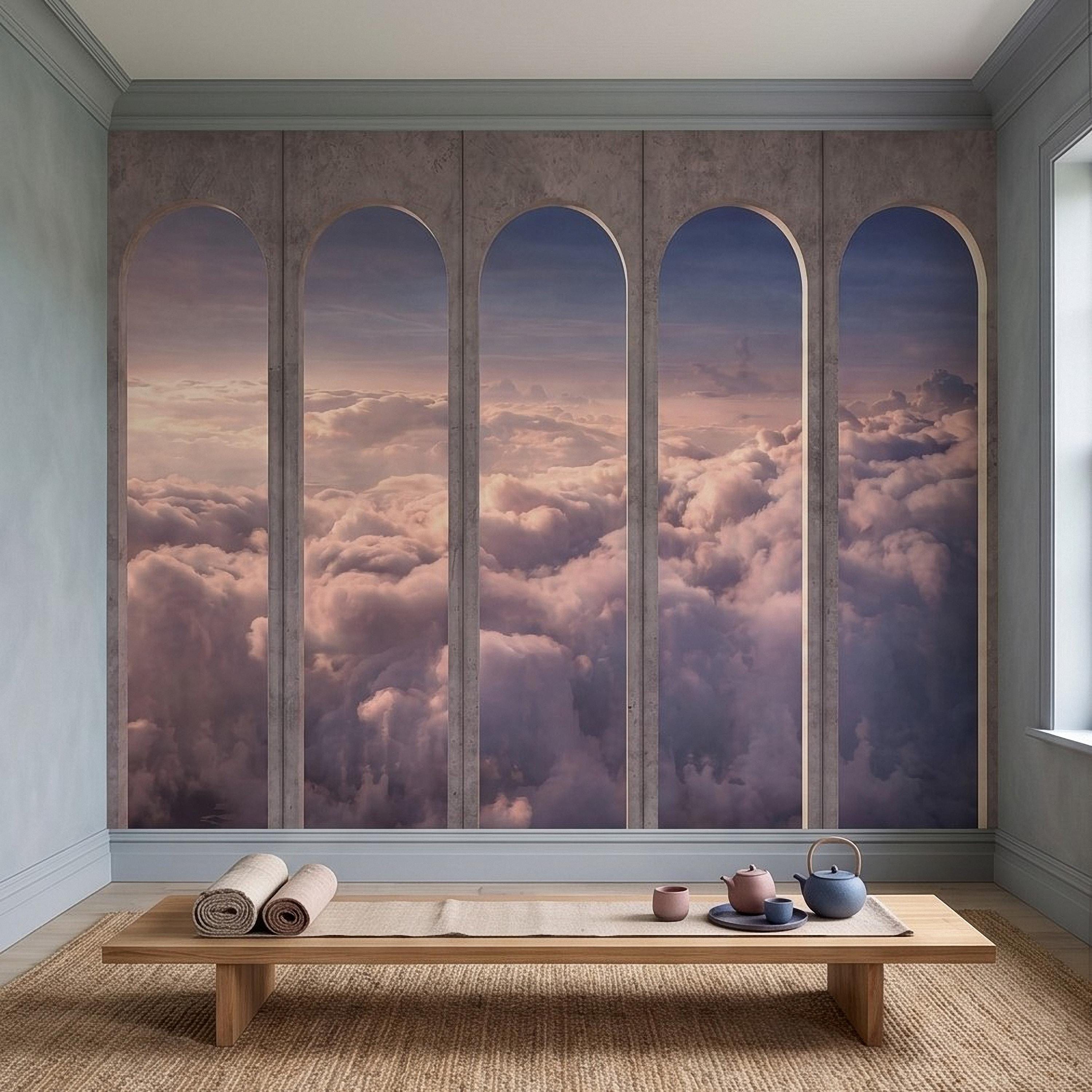 Arched Window Clouds Peel and Stick Wall Mural, Dreamy Sky View Through Stone Arch Modern Luxury Wallpaper