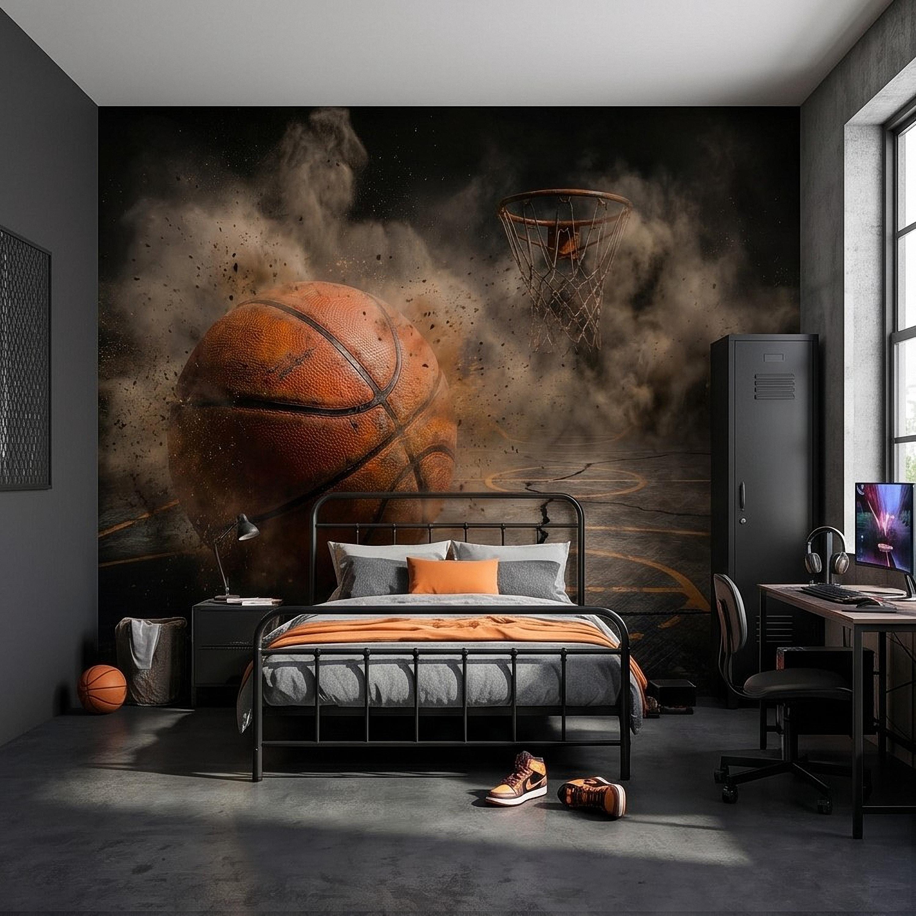 Basketball Peel and Stick Wall Mural, Sports Court Hoop Action, Boys Teen Room Man Cave Wallpaper