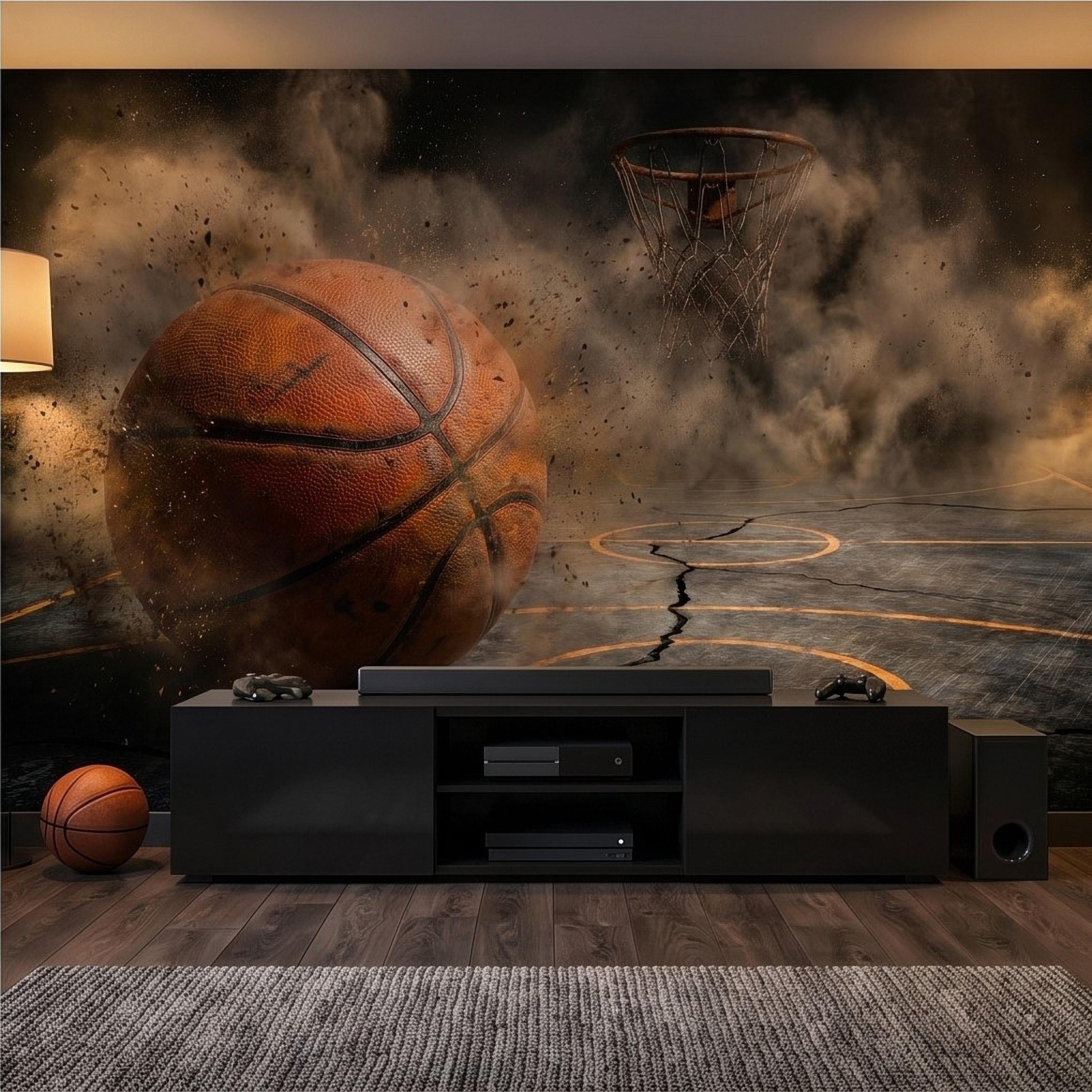 Basketball Peel and Stick Wall Mural, Sports Court Hoop Action, Boys Teen Room Man Cave Wallpaper