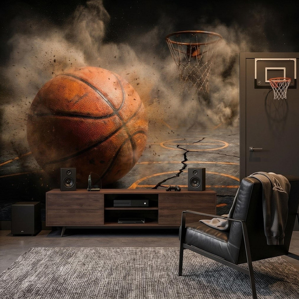 Basketball Peel and Stick Wall Mural, Sports Court Hoop Action, Boys Teen Room Man Cave Wallpaper