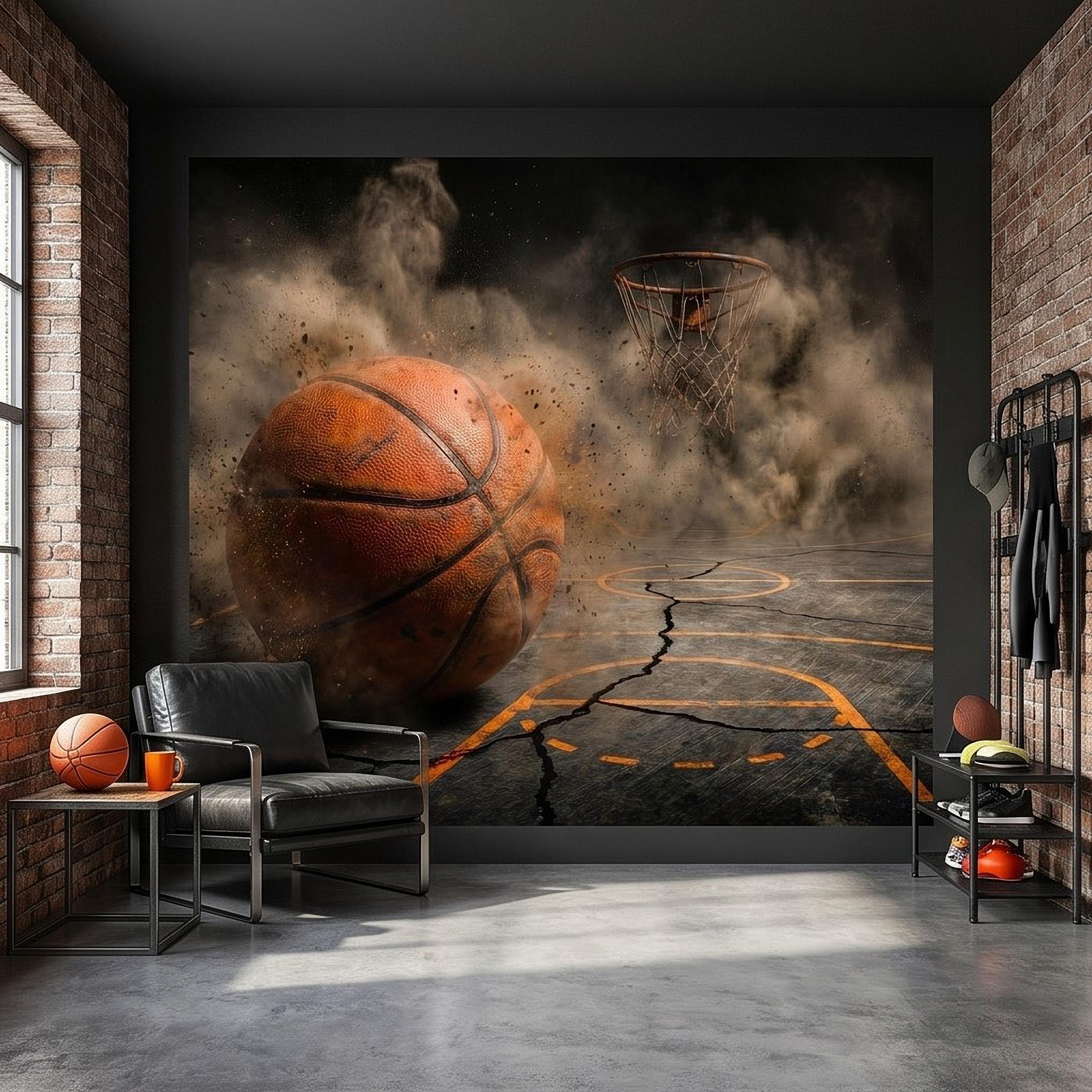 Basketball Peel and Stick Wall Mural, Sports Court Hoop Action, Boys Teen Room Man Cave Wallpaper