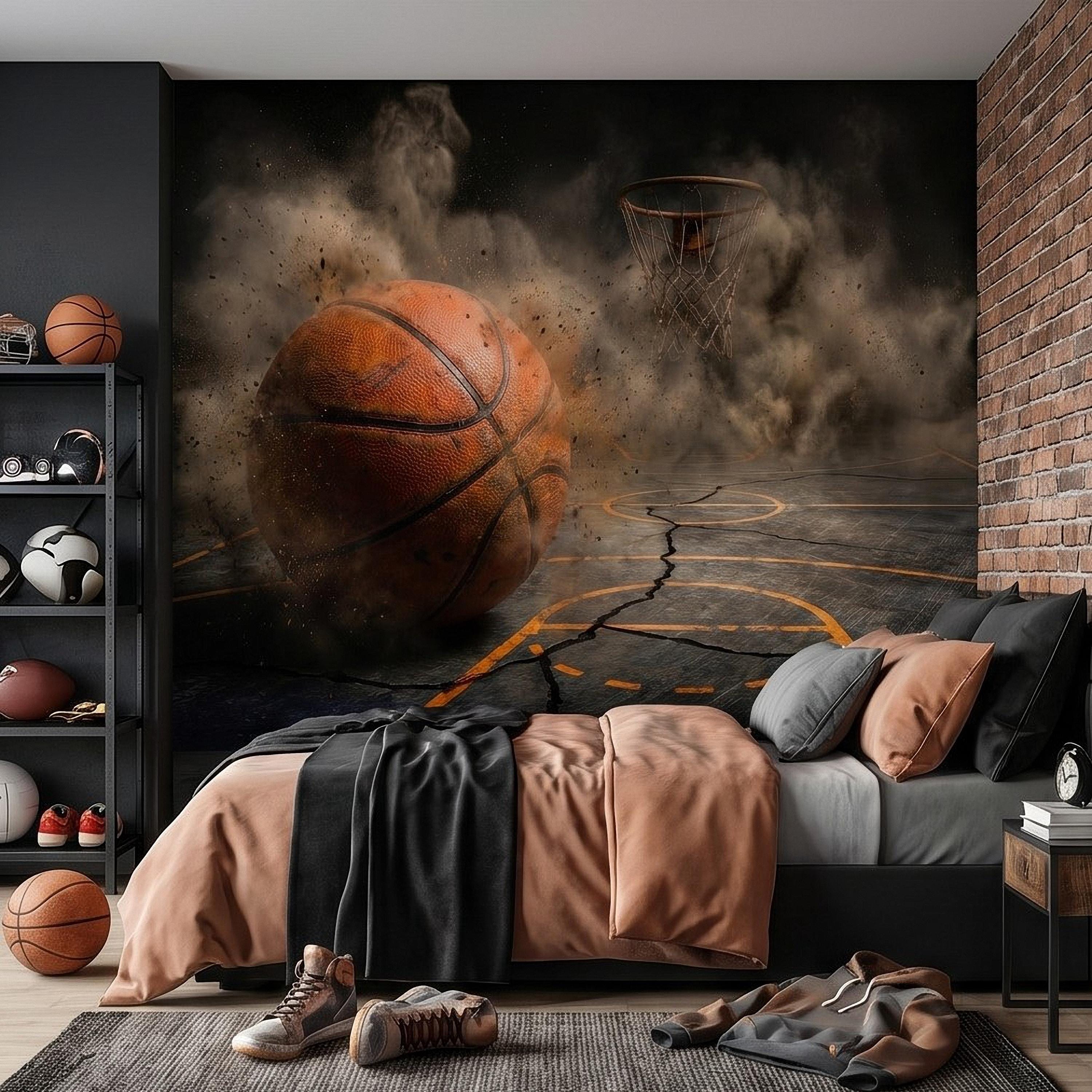 Basketball Peel and Stick Wall Mural, Sports Court Hoop Action, Boys Teen Room Man Cave Wallpaper