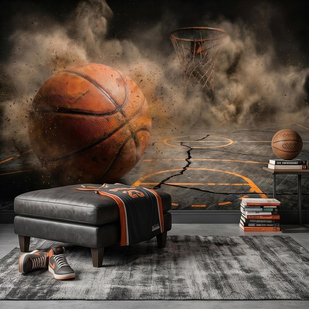 Basketball Peel and Stick Wall Mural, Sports Court Hoop Action, Boys Teen Room Man Cave Wallpaper
