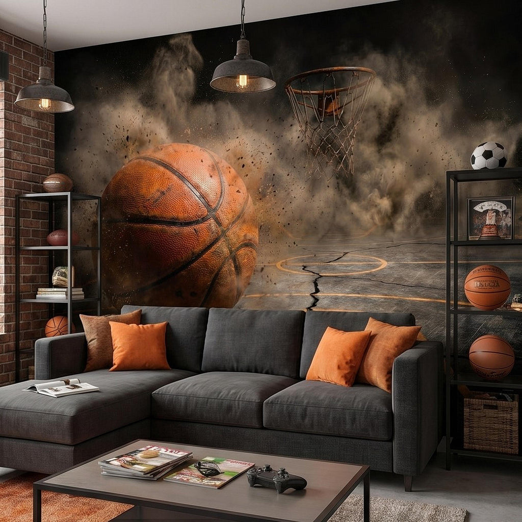 Basketball Peel and Stick Wall Mural, Sports Court Hoop Action, Boys Teen Room Man Cave Wallpaper