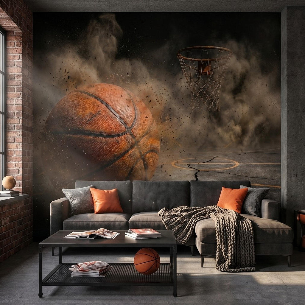 Basketball Peel and Stick Wall Mural, Sports Court Hoop Action, Boys Teen Room Man Cave Wallpaper
