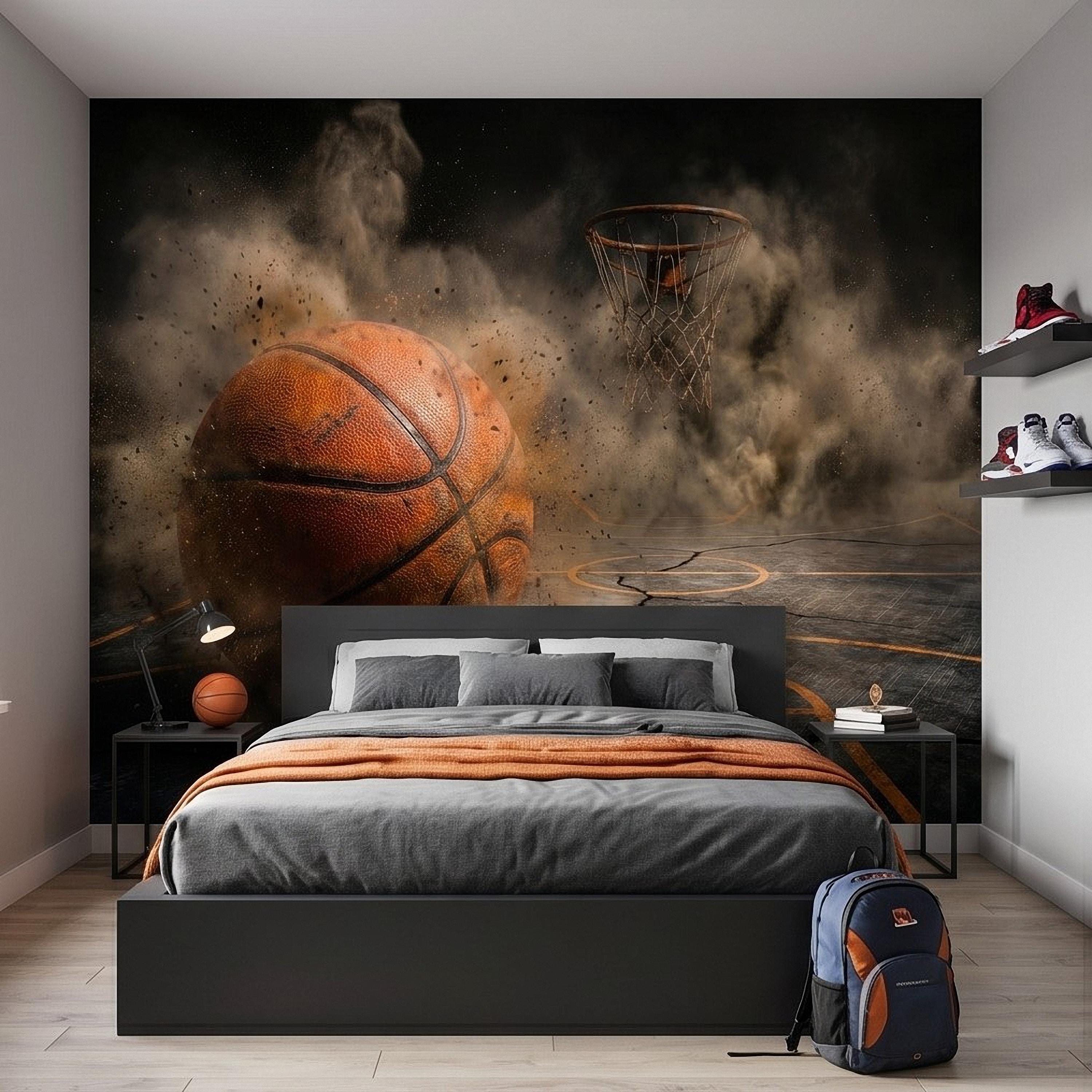 Basketball Peel and Stick Wall Mural, Sports Court Hoop Action, Boys Teen Room Man Cave Wallpaper