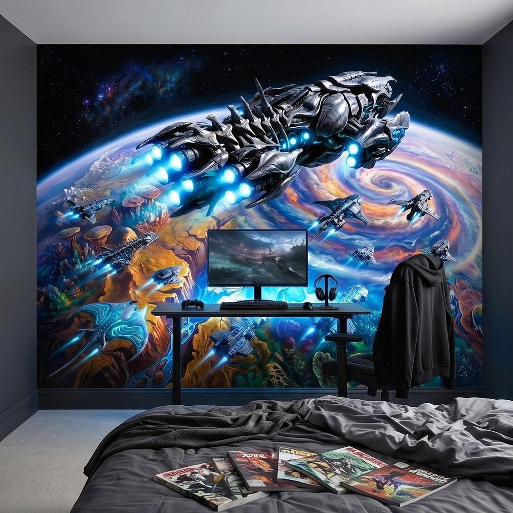Sci Fi Spaceships Peel and Stick Wall Mural, Futuristic Space Fleet Over Galaxy Planet, Boys Teen Gamer Room Wallpaper