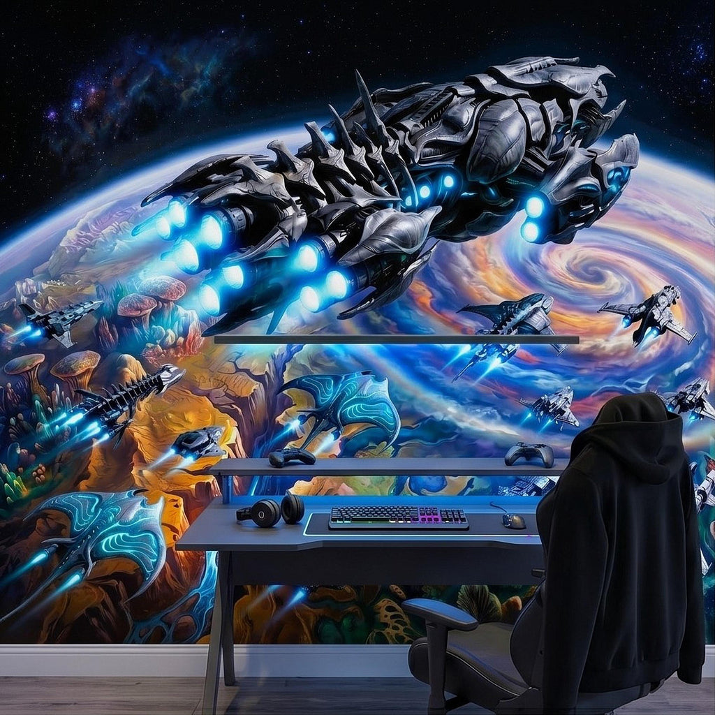Sci Fi Spaceships Peel and Stick Wall Mural, Futuristic Space Fleet Over Galaxy Planet, Boys Teen Gamer Room Wallpaper