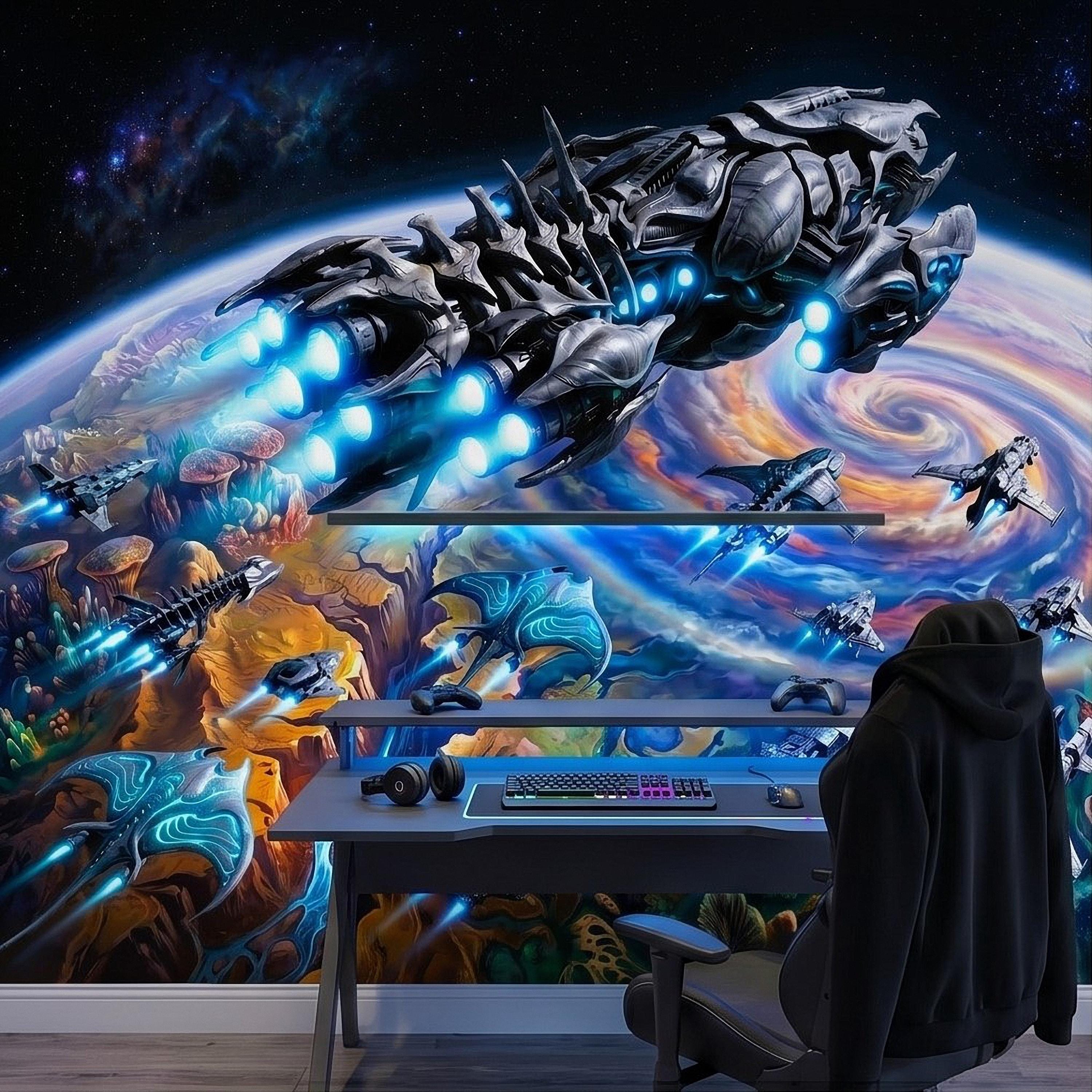 Sci Fi Spaceships Peel and Stick Wall Mural, Futuristic Space Fleet Over Galaxy Planet, Boys Teen Gamer Room Wallpaper