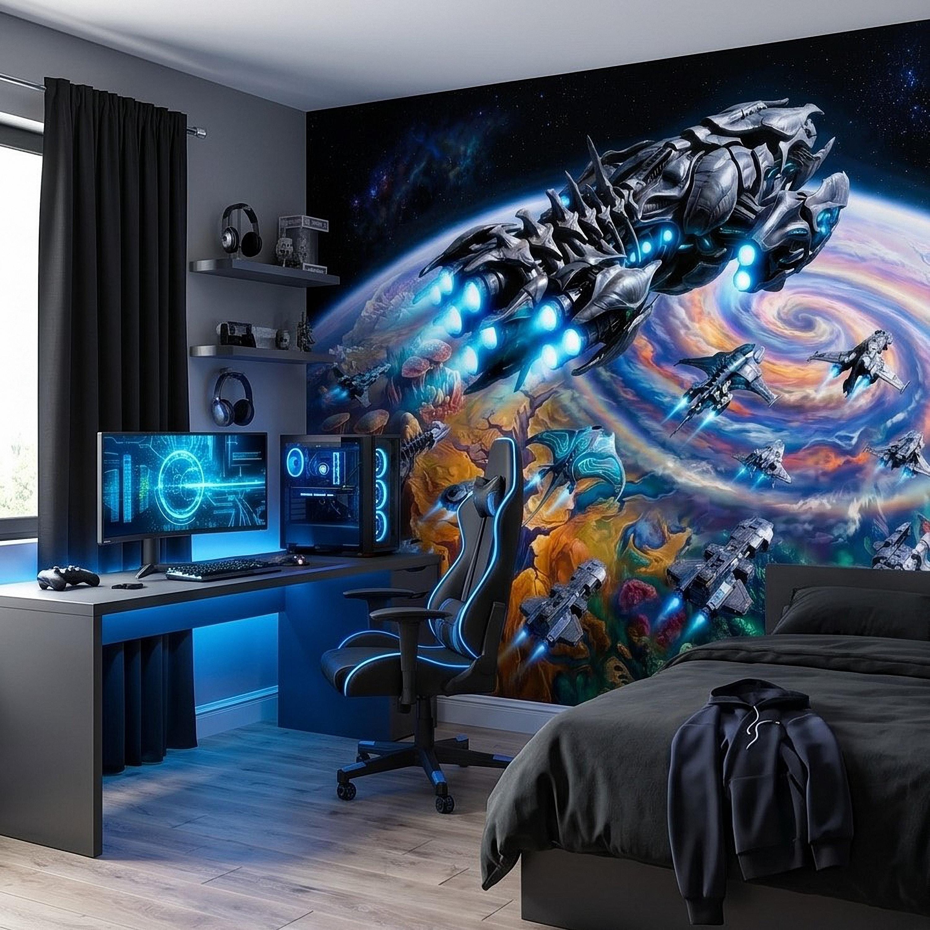 Sci Fi Spaceships Peel and Stick Wall Mural, Futuristic Space Fleet Over Galaxy Planet, Boys Teen Gamer Room Wallpaper