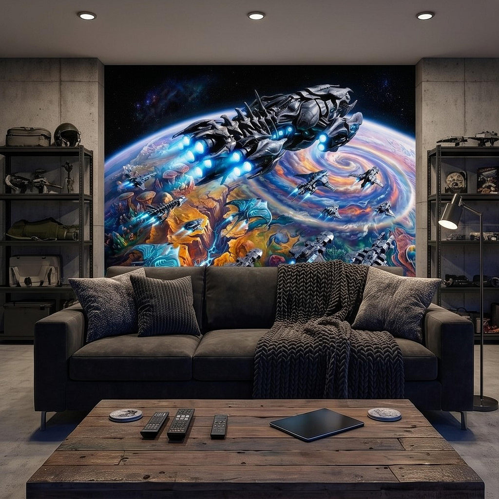 Sci Fi Spaceships Peel and Stick Wall Mural, Futuristic Space Fleet Over Galaxy Planet, Boys Teen Gamer Room Wallpaper
