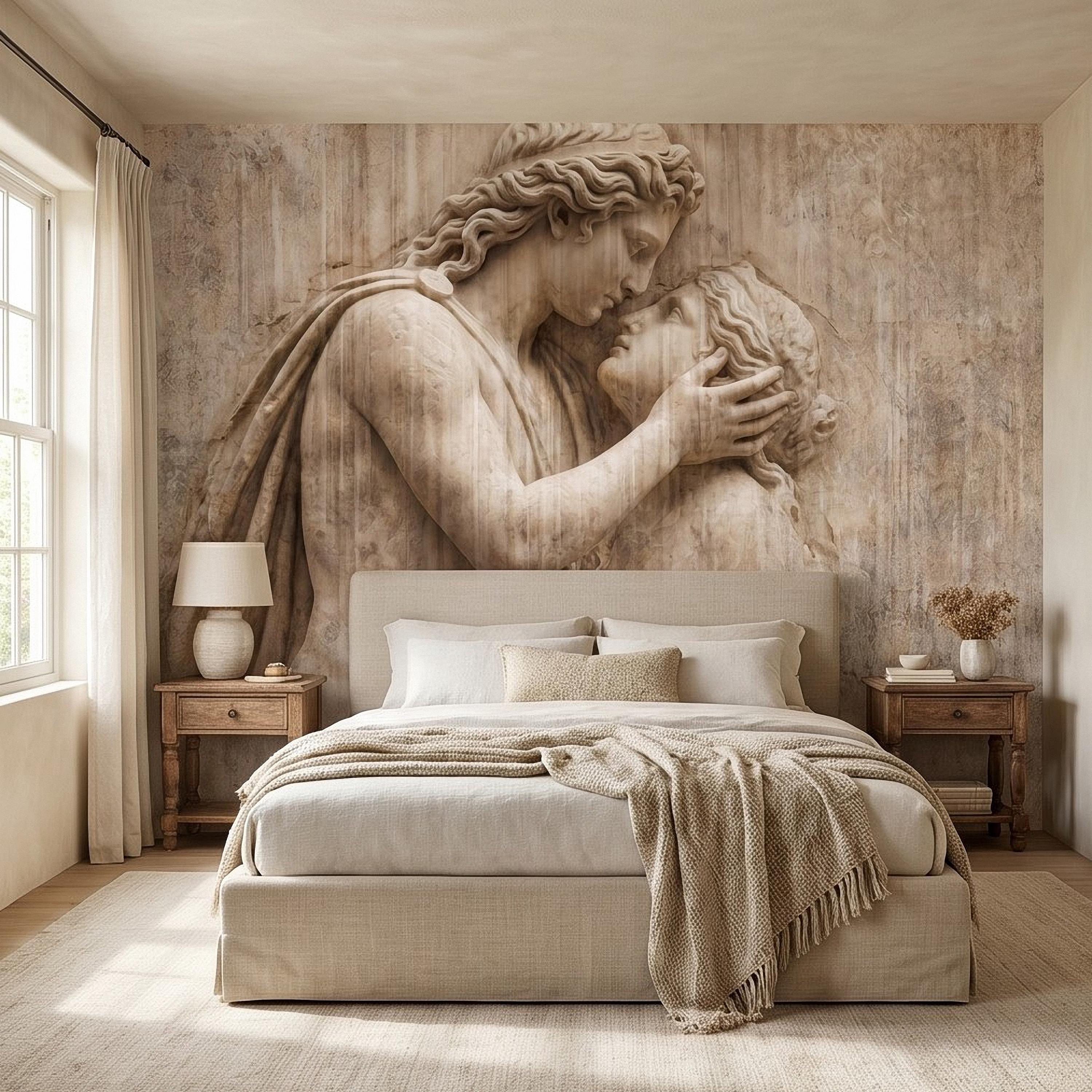Romantic Lovers Peel and Stick Wall Mural, Renaissance Sculpture Embrace, Antique European Relief Art, Vintage Classical Statue Wallpaper