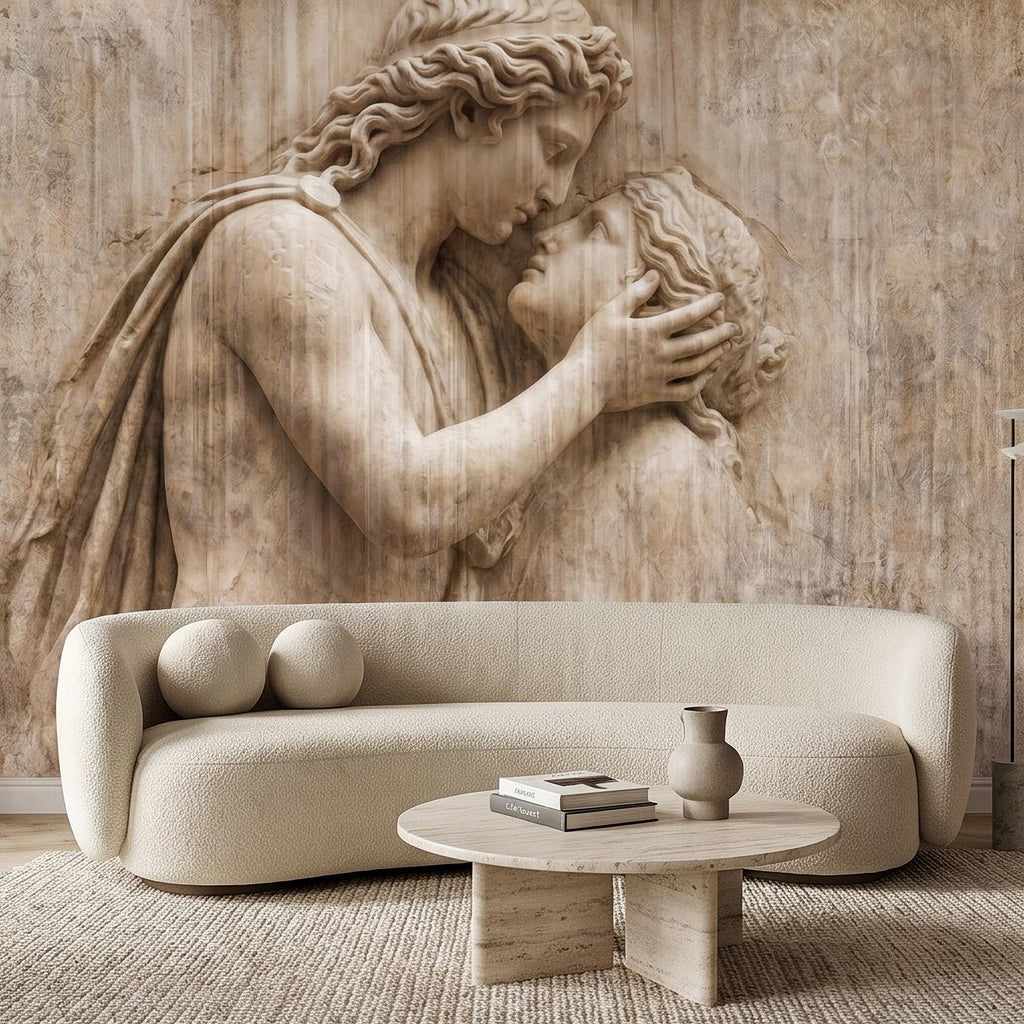 Romantic Lovers Peel and Stick Wall Mural, Renaissance Sculpture Embrace, Antique European Relief Art, Vintage Classical Statue Wallpaper