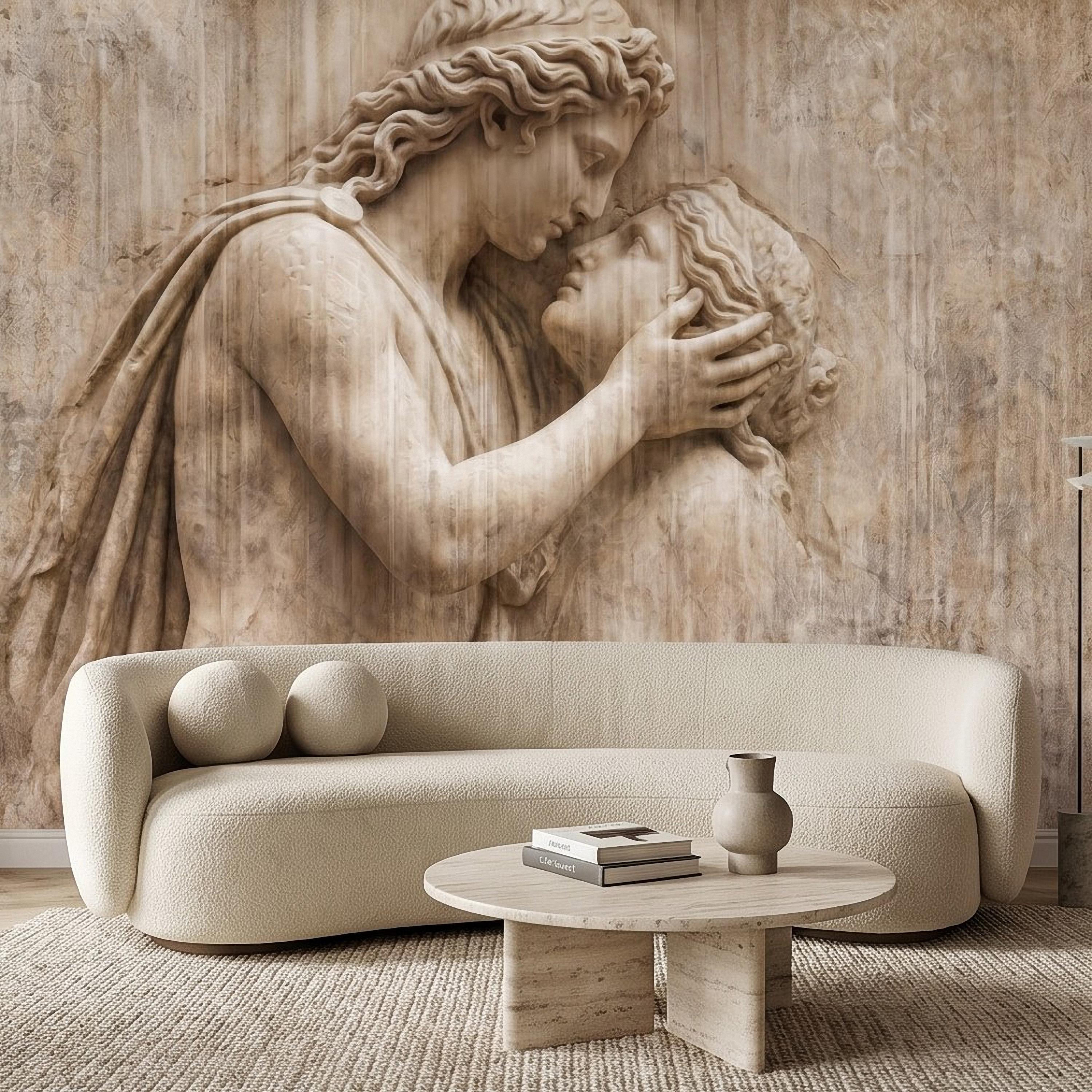 Romantic Lovers Peel and Stick Wall Mural, Renaissance Sculpture Embrace, Antique European Relief Art, Vintage Classical Statue Wallpaper