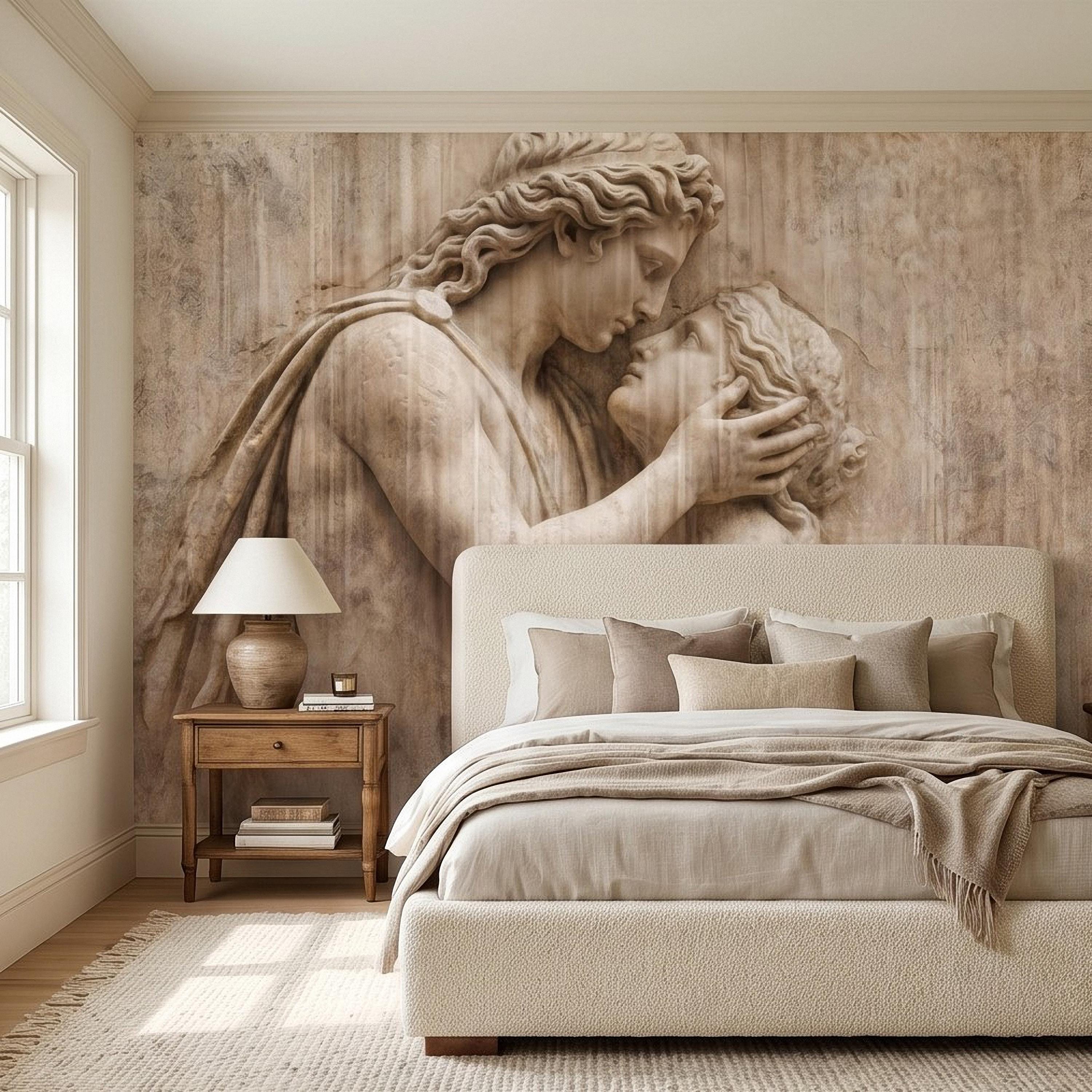 Romantic Lovers Peel and Stick Wall Mural, Renaissance Sculpture Embrace, Antique European Relief Art, Vintage Classical Statue Wallpaper