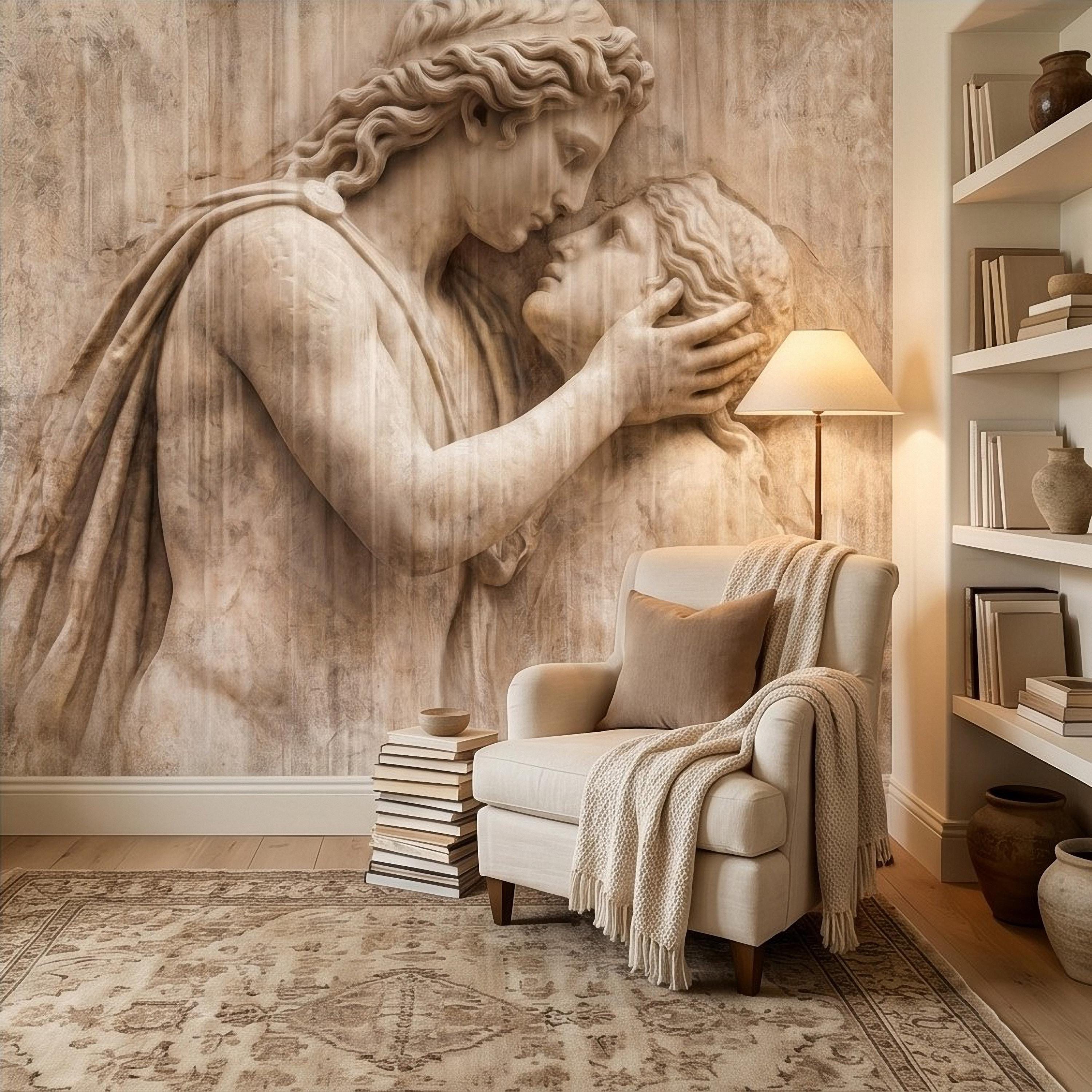 Romantic Lovers Peel and Stick Wall Mural, Renaissance Sculpture Embrace, Antique European Relief Art, Vintage Classical Statue Wallpaper