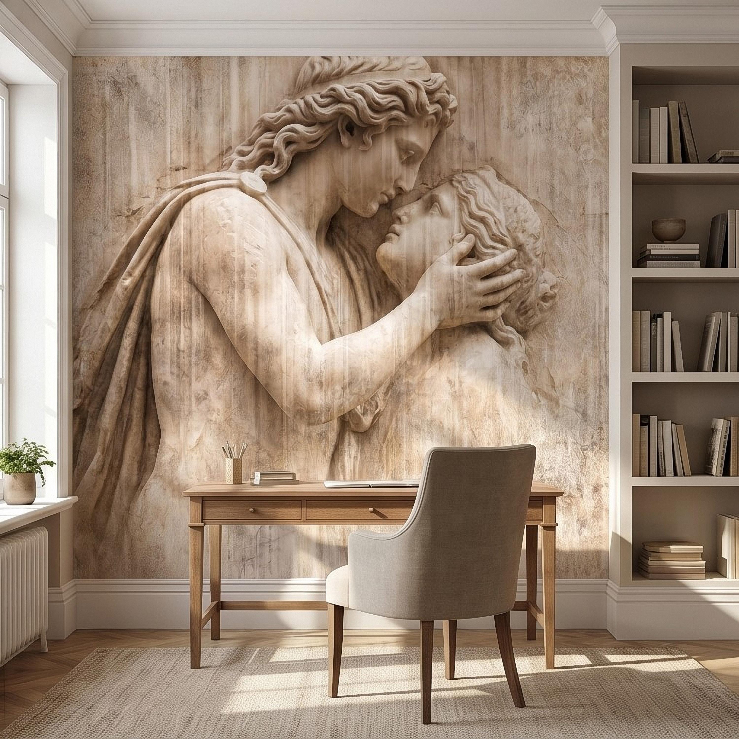Romantic Lovers Peel and Stick Wall Mural, Renaissance Sculpture Embrace, Antique European Relief Art, Vintage Classical Statue Wallpaper