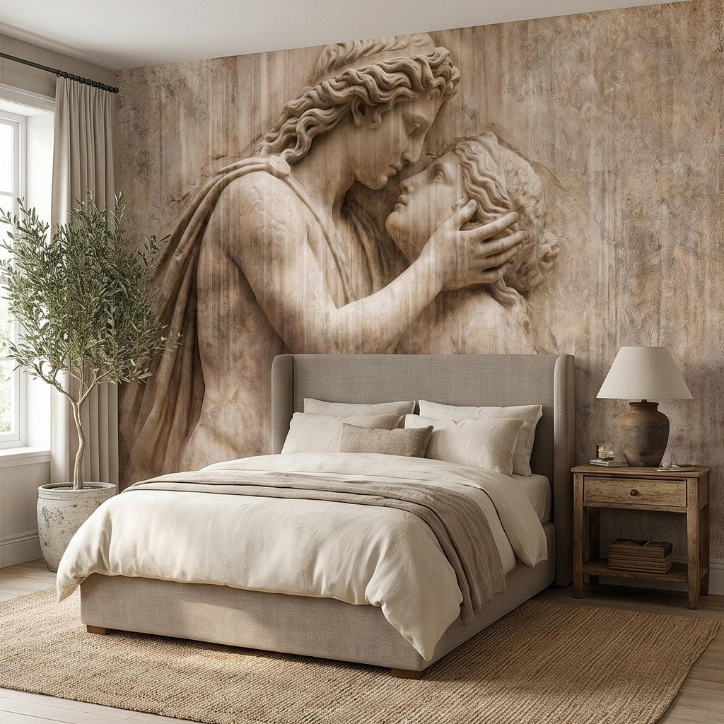 Romantic Lovers Peel and Stick Wall Mural, Renaissance Sculpture Embrace, Antique European Relief Art, Vintage Classical Statue Wallpaper