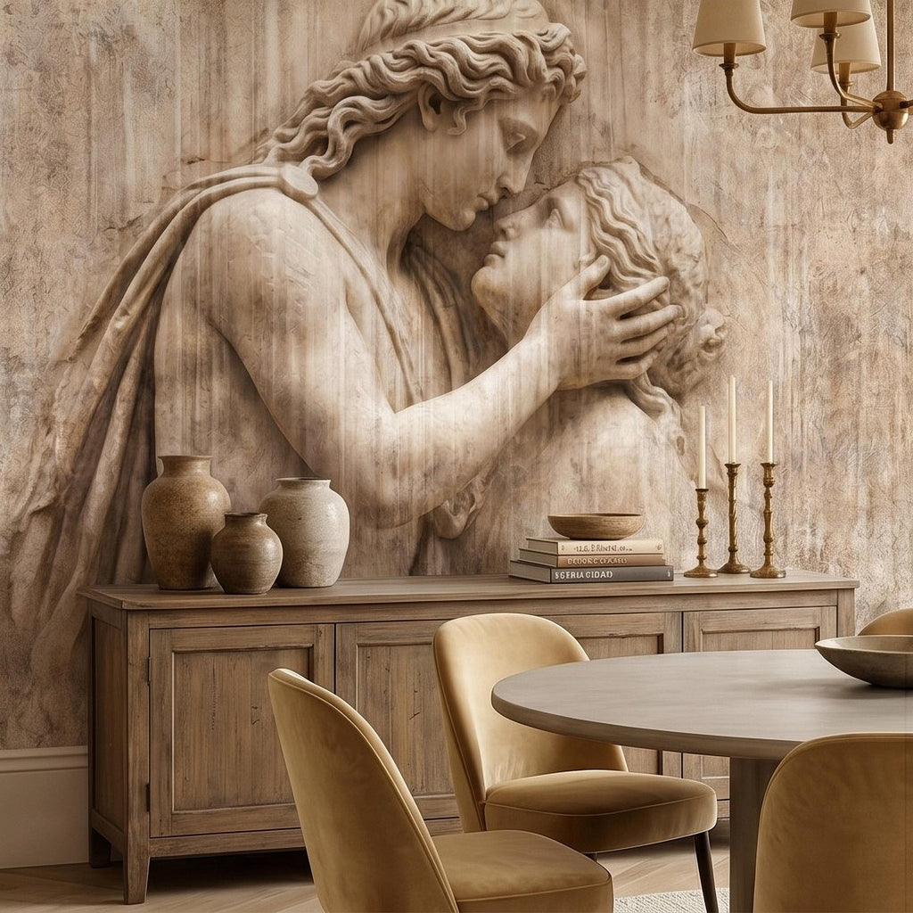 Romantic Lovers Peel and Stick Wall Mural, Renaissance Sculpture Embrace, Antique European Relief Art, Vintage Classical Statue Wallpaper