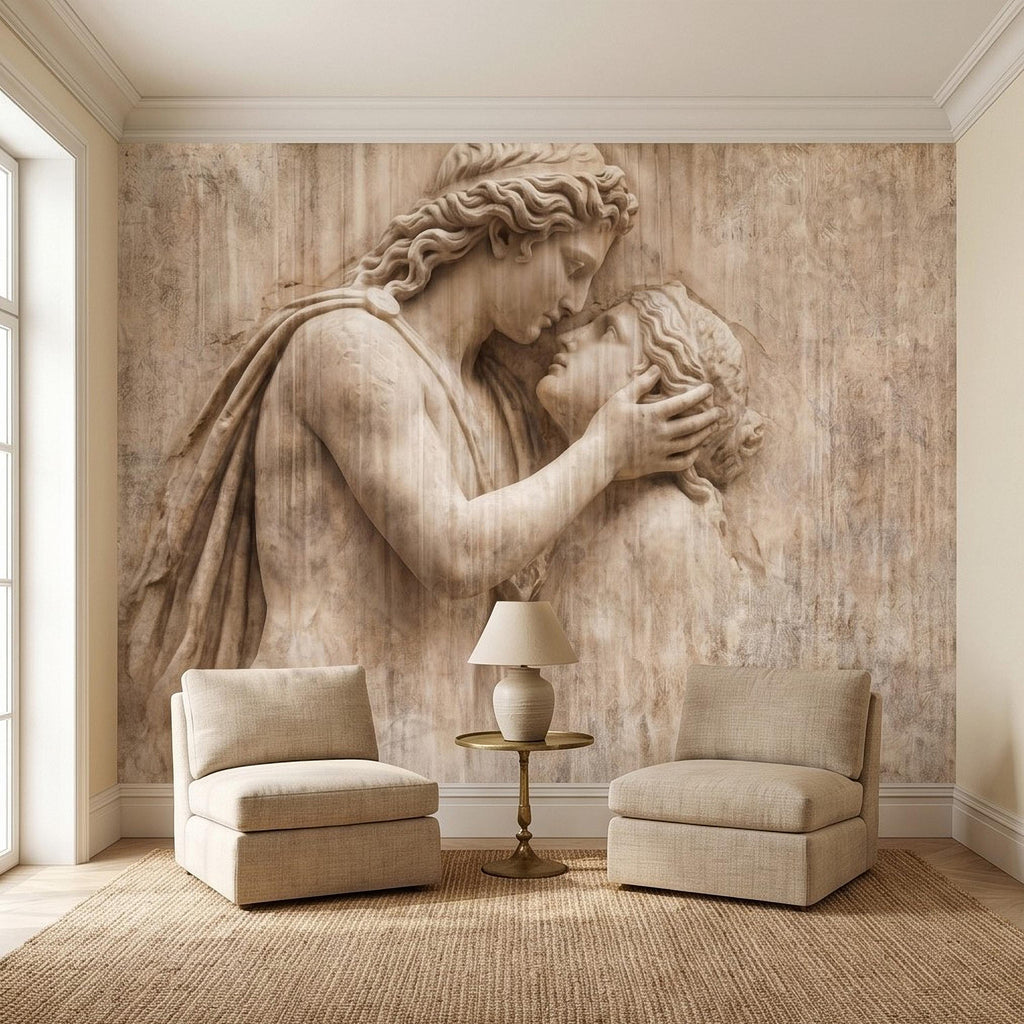 Romantic Lovers Peel and Stick Wall Mural, Renaissance Sculpture Embrace, Antique European Relief Art, Vintage Classical Statue Wallpaper