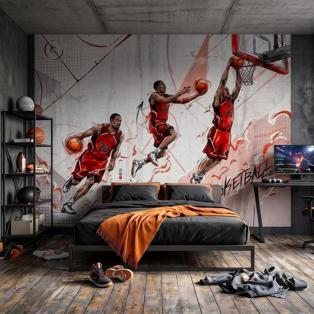 Basketball Slam Dunk Peel and Stick Wall Mural, Dynamic Court Action Player Illustration Dribble Drive and Hoop Shot Scene Sports Wallpaper