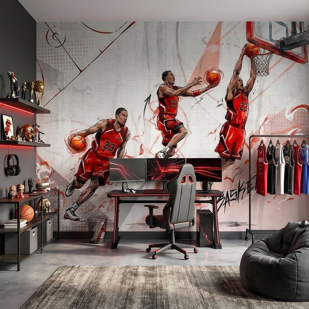 Basketball Slam Dunk Peel and Stick Wall Mural, Dynamic Court Action Player Illustration Dribble Drive and Hoop Shot Scene Sports Wallpaper