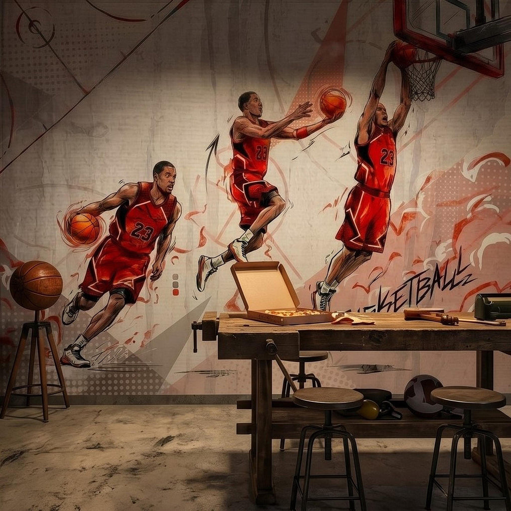 Basketball Slam Dunk Peel and Stick Wall Mural, Dynamic Court Action Player Illustration Dribble Drive and Hoop Shot Scene Sports Wallpaper