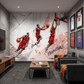 Basketball Slam Dunk Peel and Stick Wall Mural, Dynamic Court Action Player Illustration Dribble Drive and Hoop Shot Scene Sports Wallpaper