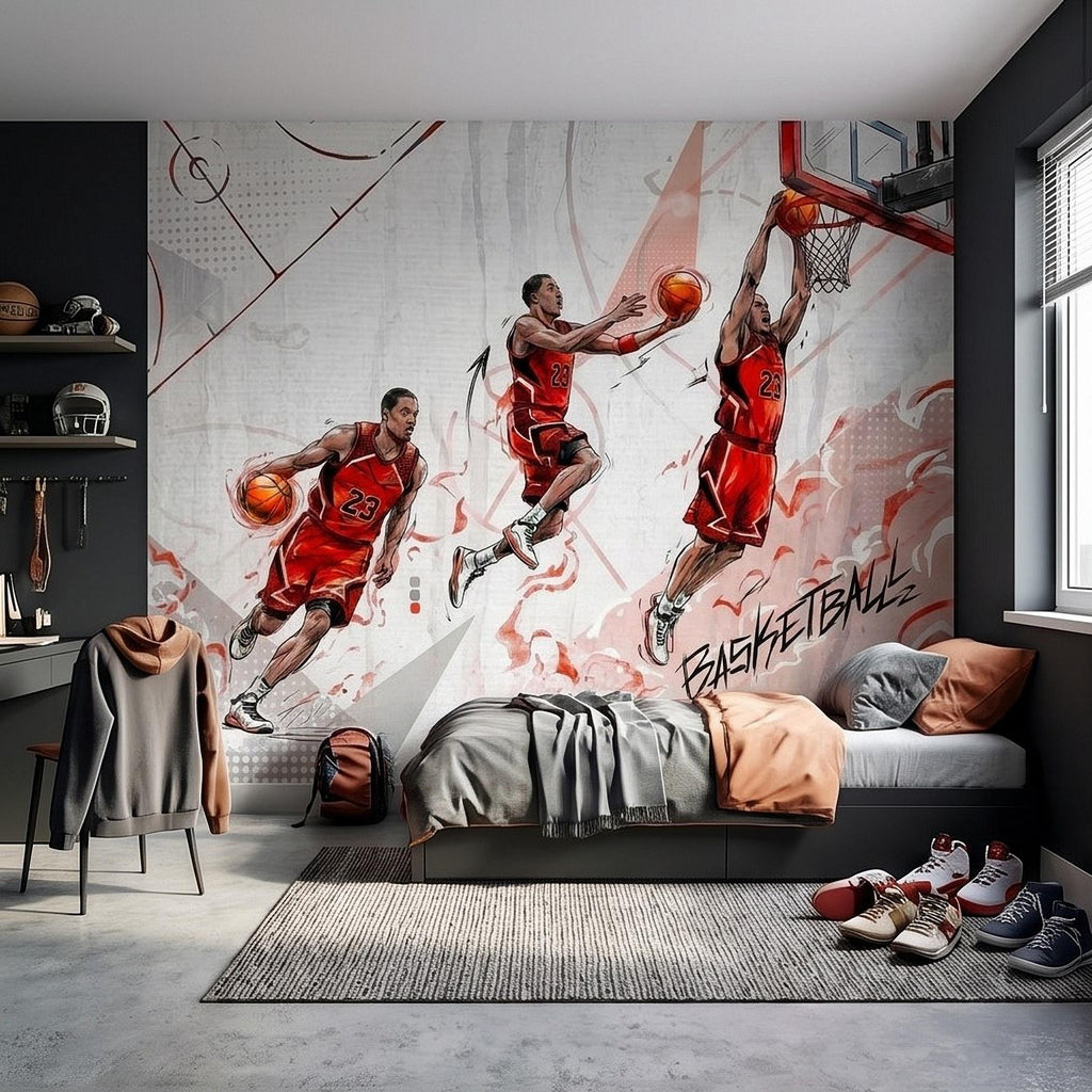 Basketball Slam Dunk Peel and Stick Wall Mural, Dynamic Court Action Player Illustration Dribble Drive and Hoop Shot Scene Sports Wallpaper